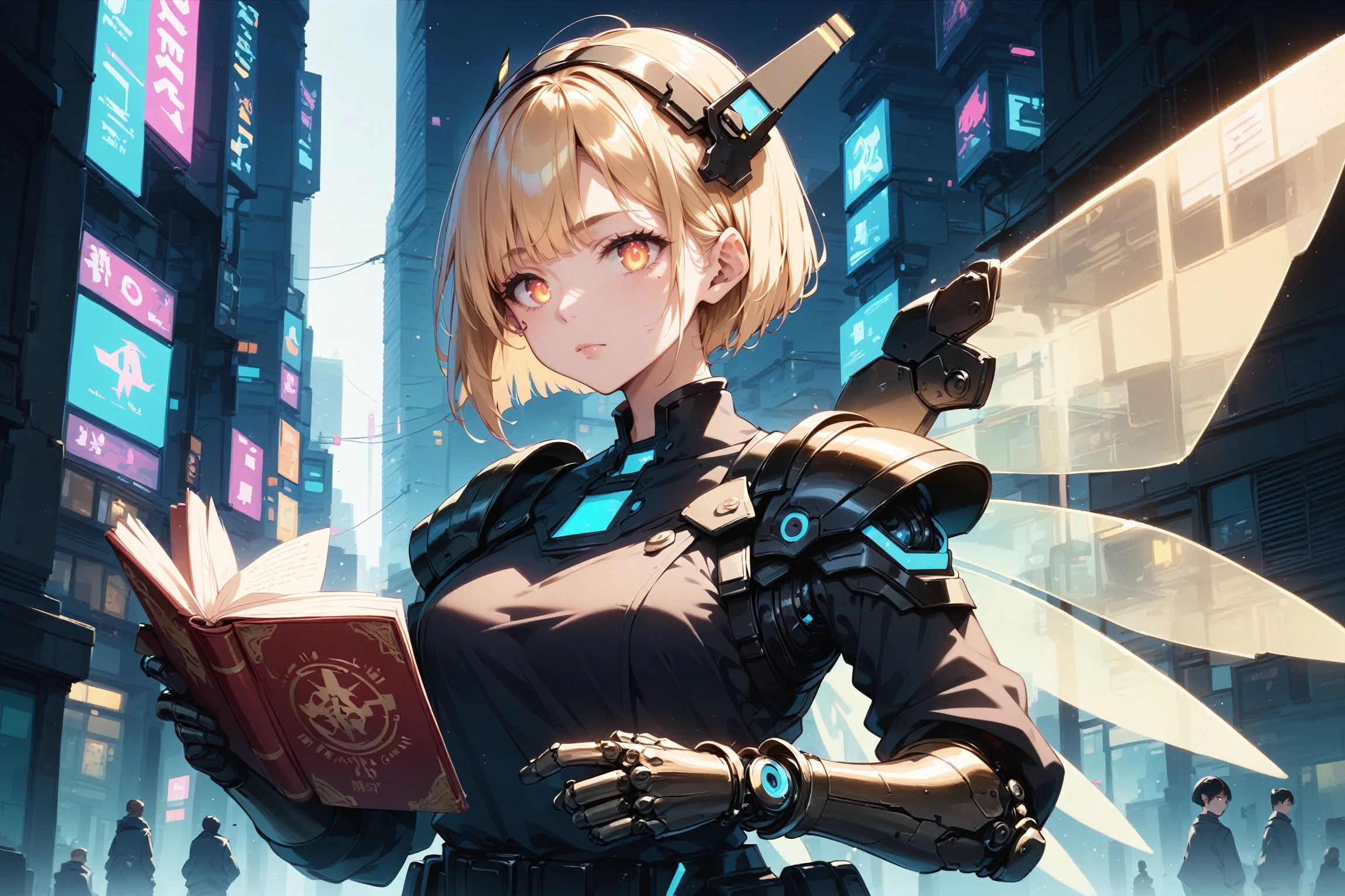 score_9,score_8_up,score_7_up,
best_quality,masterpiece,
2d-animestyle,
BREAK
1girl,
yellow_hair,
headgear,
bob_cut,
expressionless, 
glowing_eyes,
prosthetic_arm,
holographic_wings,
holding_book,
night,
radio_tower,
cyberpunk_city,
outdoors,