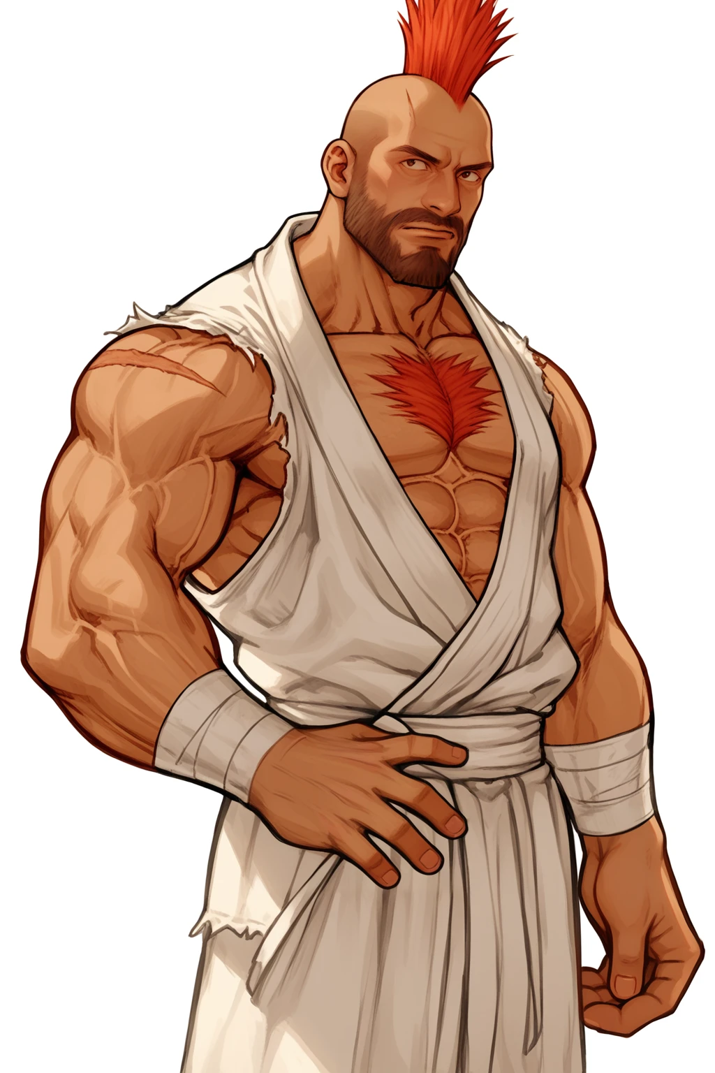 source_anime, in kinu-sensei artstyle, male focus, solo, 1boy, zangief, muscular, beard, facial hair, abs, mohawk, scar, chest hair, white background, cropped feet, <lora:Kinu_Nishimura_Capcom_Style_LoRA_Pony-000010:0.8>