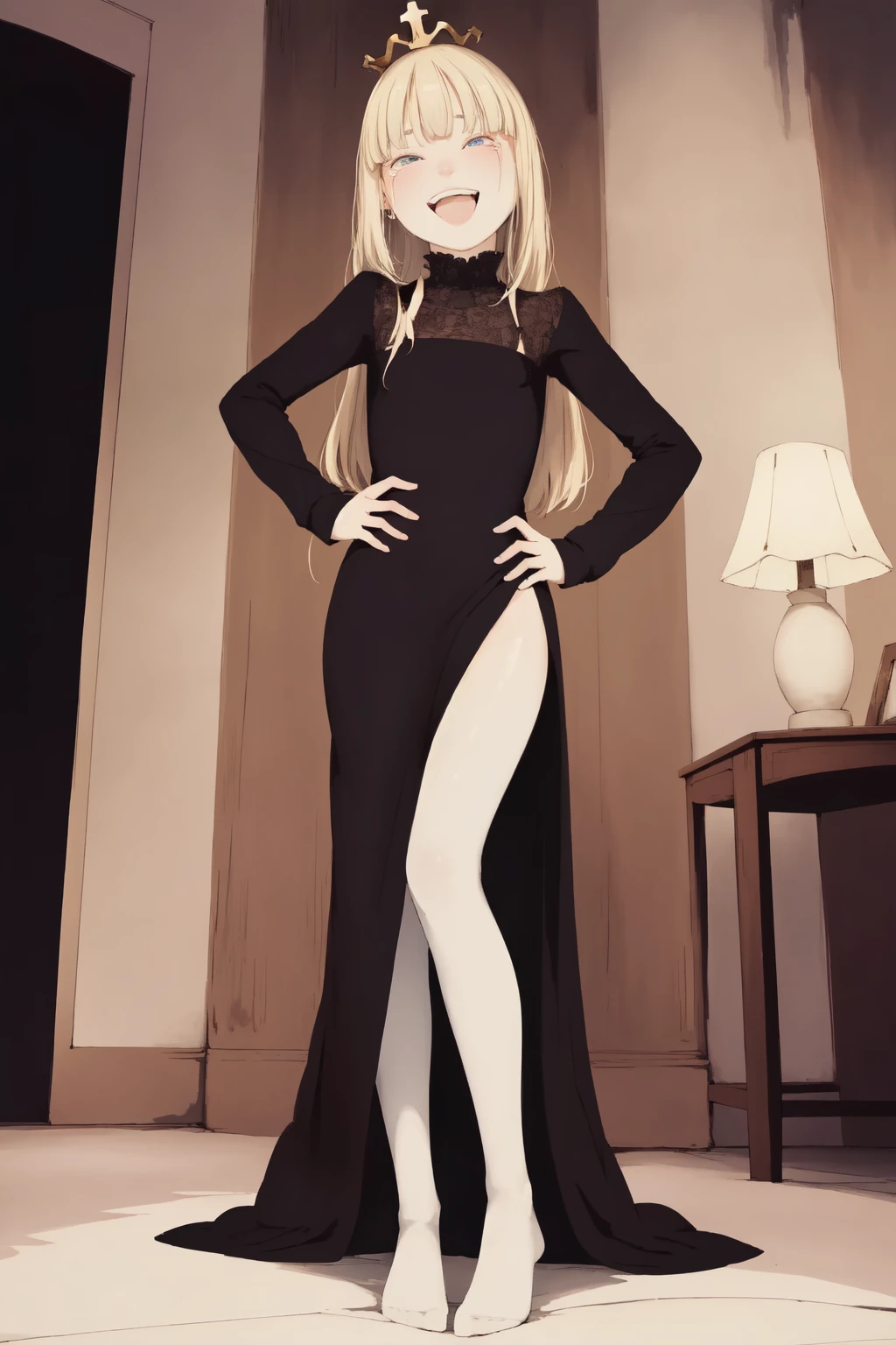 (masterpiece, best quality:1.2),
1girl, (laughing, open mouth, tearing up:1.2), (streached arm:0.4), pointing at viewer, blonde hair, braided bangs, long hair, gold mini crown, blue eyes, forehead, flat chest BREAK
black dress, white pantyhose, no shoes BREAK
standing, (full body:1.2), from below, (hand on own hips:1.1), throne room, luxurious living room
