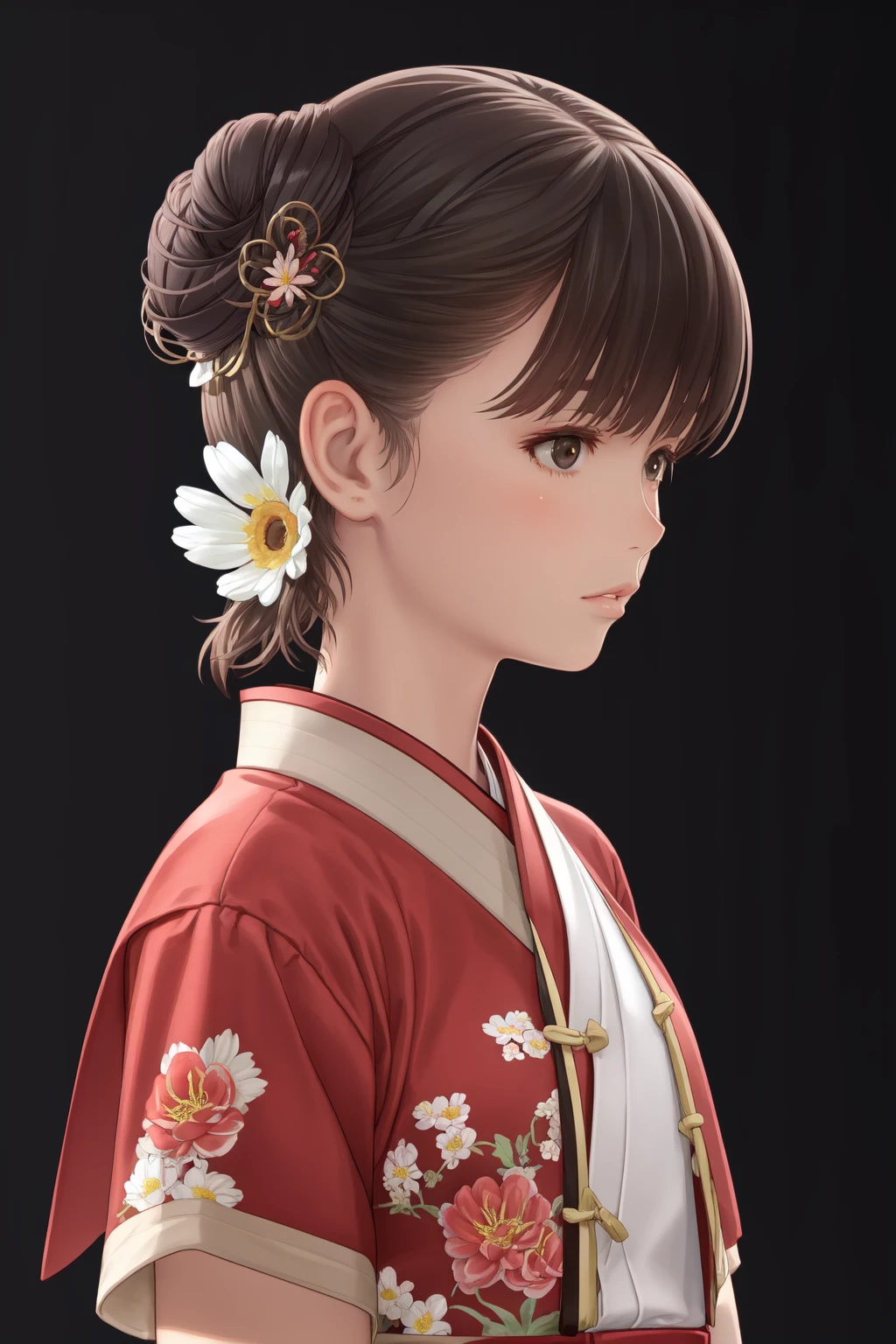 (masterpiece, best quality:1.2), 1girl, solo, brown hair, brown eyes, black background, bangs, hair ornament, lips, upper body, simple background, chinese clothes, looking to the side, flower, blunt bangs, closed mouth, floral print, looking away, hair bun, nose, hanbok, single hair bun, black eyes, portrait, short hair, hair flower, hair stick,