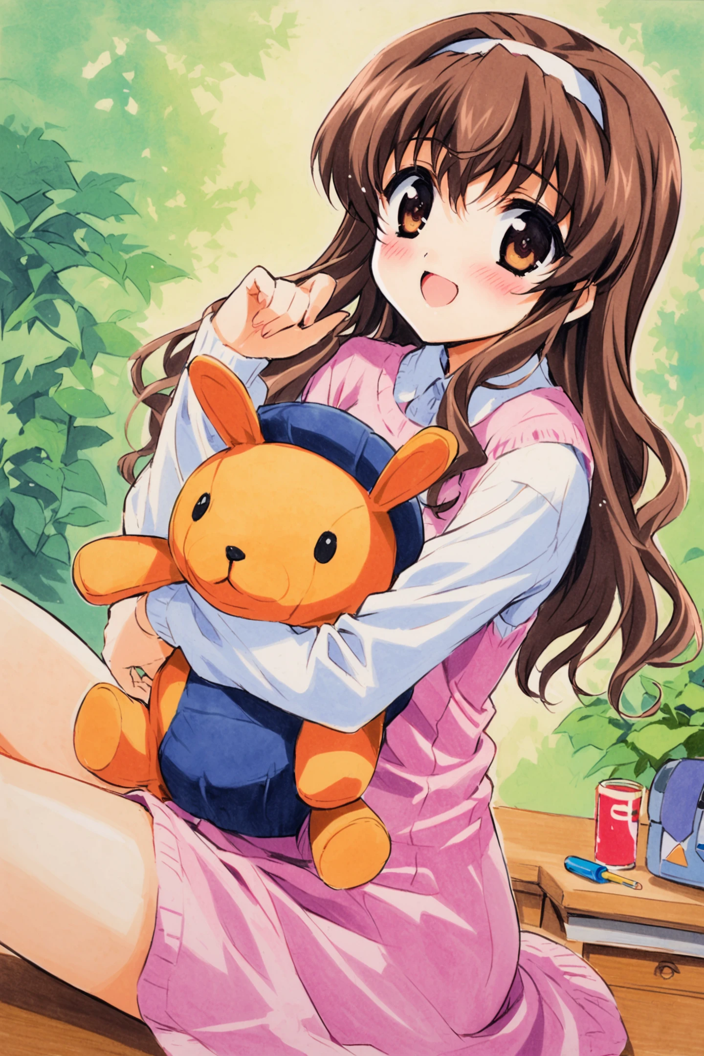 Nogizaka Haruka, 1girl, brown hair, solo, long hair, brown eyes, blush, hairband, sweater, long sleeves, looking at viewer, stuffed toy, open mouth, stuffed animal, holding, smile, dress, sitting, traditional media,<lora:shaa_XL:0.8>,