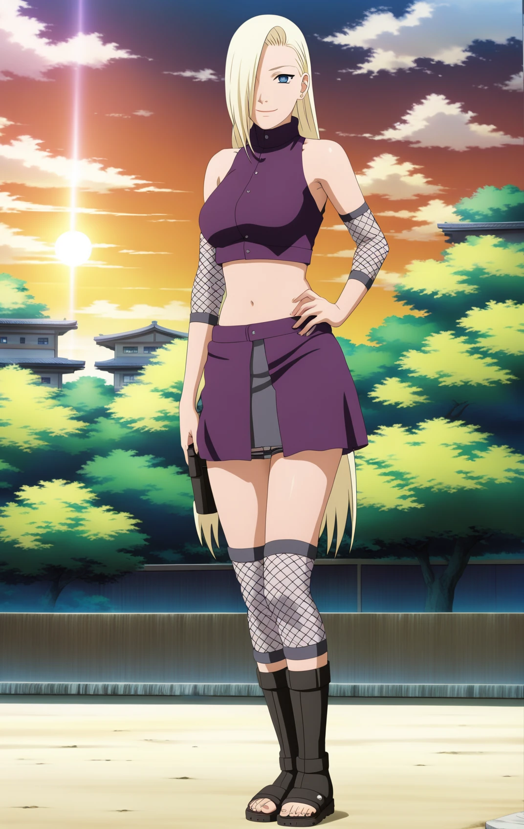 (masterpiece, best quality:1.1), ino yamanaka, woman, 25 y.o., naruto shippuuden, alternate costume, long hair, cute smile, voluptuous, midriff, navel, miniskirt, bandages, thigh holster, thigh strap, purple high-collared blouse, sandals, mesh arm warmers, standing, full body, in style of Masashi Kishimoto (anime coloring, anime screencap, Naruto anime style), city in background, <lora:add-detail-xl:1>, <lora:Ino_Yamanaka_sdxl_v1:1>,