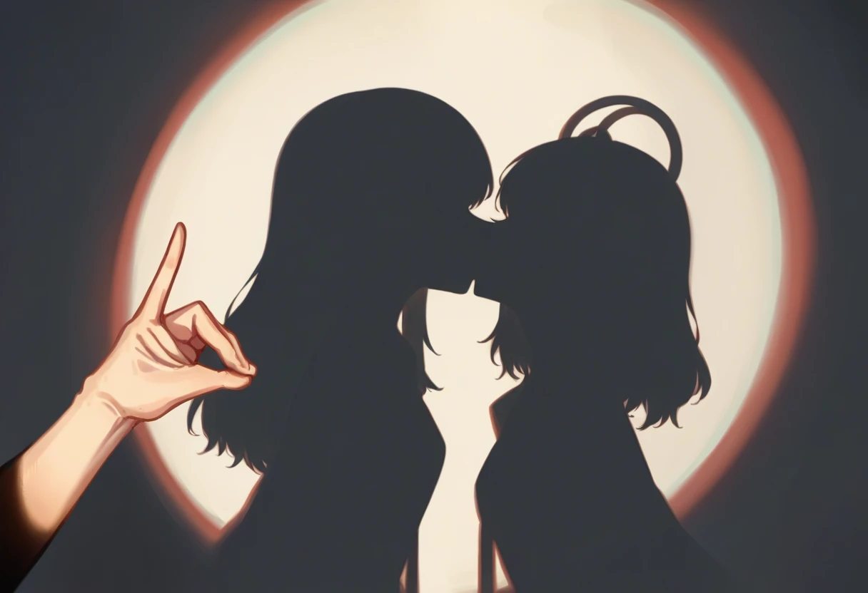 score_9, score_8_up, source_anime, 2girls, IncrsShadowPuppet, silhouette, shadow, from side, solo focus, <lora:HololiveShadowPuppetMeme_XLPD:1>, hand gesture, kissing,