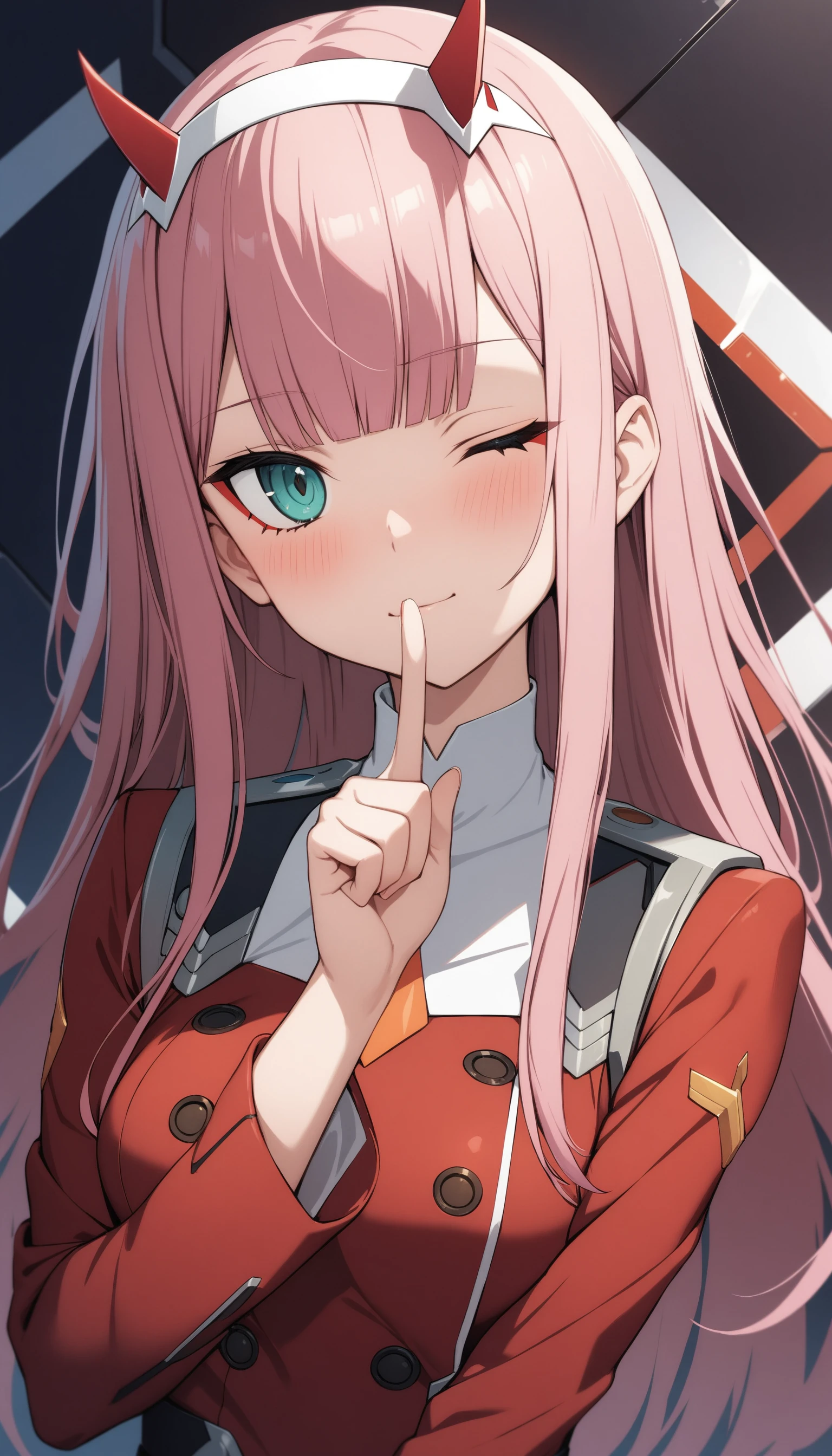 (masterpiece, best quality, very aesthetic, ultra detailed), intricate details,
1girl, zero two \(darling in the franxx\), darling in the franxx, aqua eyes, blunt bangs, orange necktie, red dress, pink hair, hand up, shushing, one eye closed, looking at viewer, upper body,