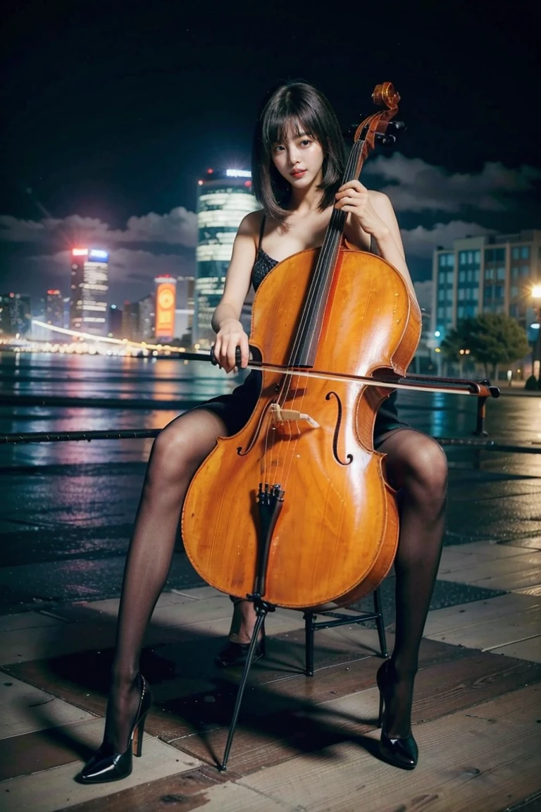 1girl, playing cello, cello,bow \(music\),

(pantyhose, high-heels, long and slender and beautiful legs),  black hair, sitting, outdoor, bare arms, bikini, bra, 
 __str2__, __str1__, masterpiece, best quality,8k