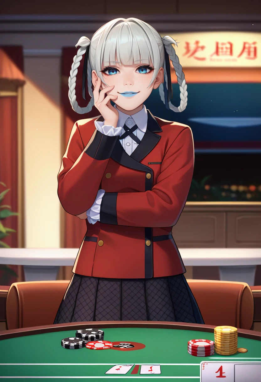 score_9, score_8_up, score_7_up, source_anime, solo, 1girl, momobami kirari, makeup, blue lips, smile, looking at viewer, standing, hand on own face, grey hair, braided hair rings, twin braids, hair ribbon, school uniform, red jacket, long sleeves, frilled sleeves, white shirt, black skirt, houndstooth, indoors, casino <lora:kakegurui_momobami_ponyXL:1>