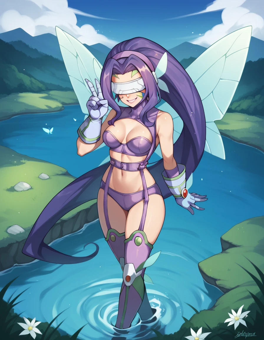 score_4, score_5, score_6, score_9, score_8_up, score_7_up, 1girl,  <lora:kazemon:1> kazemonxl, kazemon, visor, purple hair, very long hair, digimon (creature), hair ornament, covered eyes, purple bikini, garter straps, purple belt, thigh boots, purple hairband, white gloves, butterfly wings, standing, v, light smile, water, river, nature, earth \(ornament\),