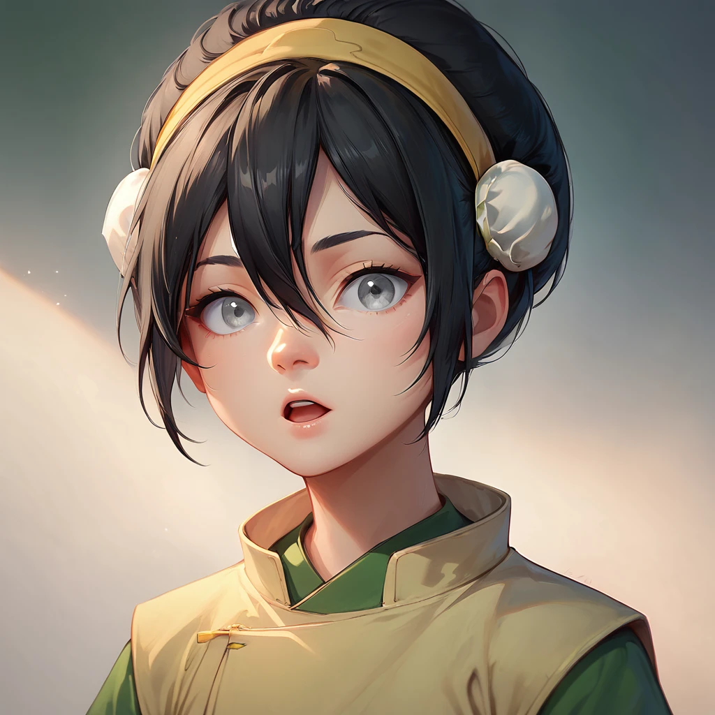 score_9, score_8_up, score_7_up,
earth nation clothing,1girl,solo,looking at viewer,short hair,open mouth,black hair,hair between eyes,hairband,hair bun,grey eyes,portrait,bun cover,yellow hairband,blind
 <lora:Toph_ponyXL:0.6>