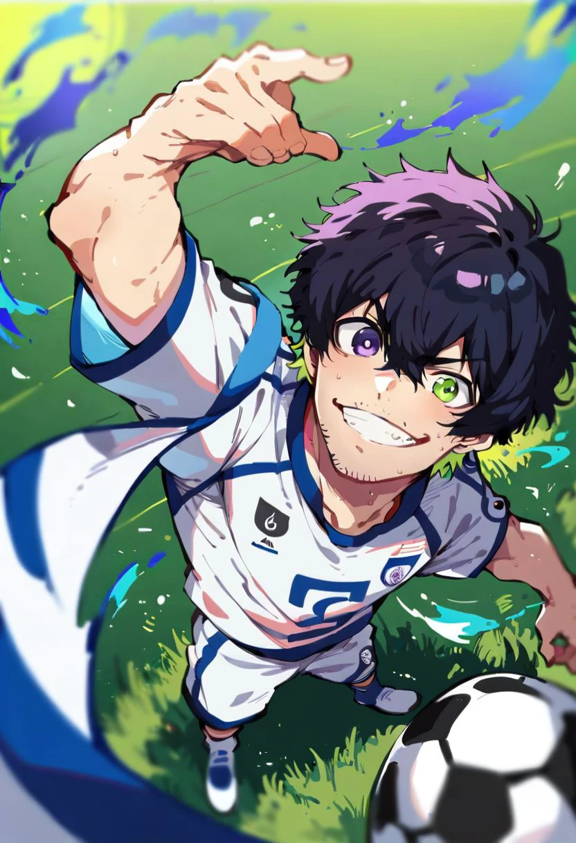 score_9, score_8_up, score_7_up, oliver aiku, 1boy, solo, black hair, green hair, heterochromia, purple eyes, green eyes, facial hair, stubble, soccer white sportswear, grin, standing, full body, soccer ball, looking at viewer, soccer stadium, grass, from above