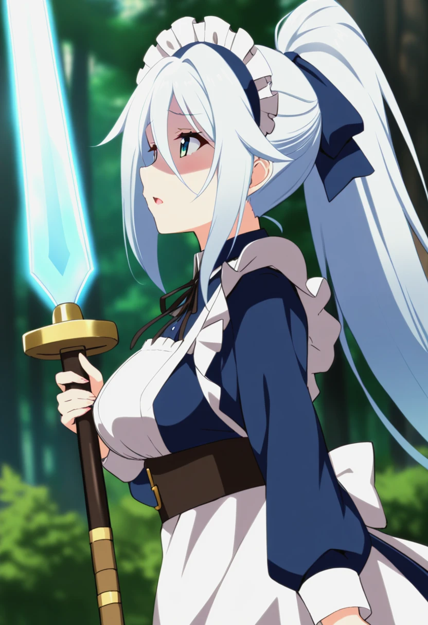 1girl,solo,sylpha,very long hair,maid headdress,white hair,large breasts,maid,hair between eyes,ponytail,apron,blush,bangs,long sleeves,dress,<lora:Sylpha-tenseishitaradainana-xl:1>,holding sword,shaded_face,Dreamy forest,