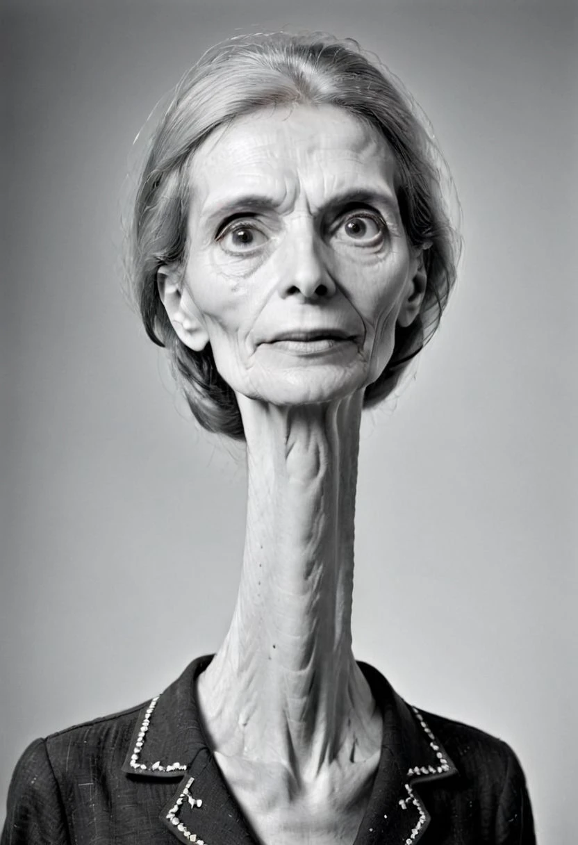 Agfa_Brovira_Satino_BW122, realistic, photo of an (ugly:1.2) (elderly:1.3) women with a very (long-neck:1.7), (Immense detail:1.2)