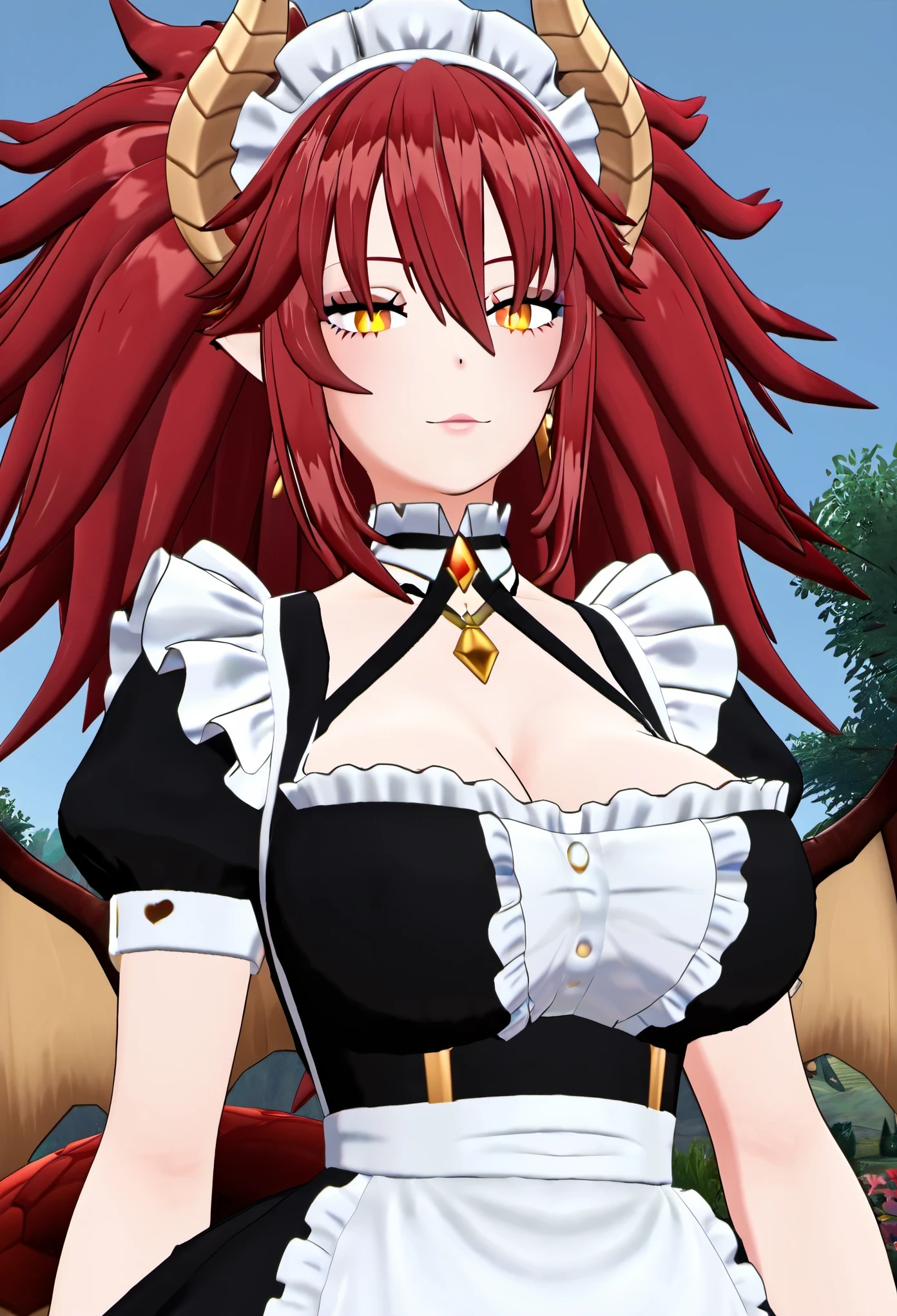 (8k, RAW photos, top quality, masterpiece: 1.2), Zentreya, 3d, 3d render, red hair, maid outfit, cleavage, horns, dragon wings, yellow eyes, beautiful detailed eyes, sharp focus, vibrant colors, glowing runes, fantasy landscape, magical atmosphere.