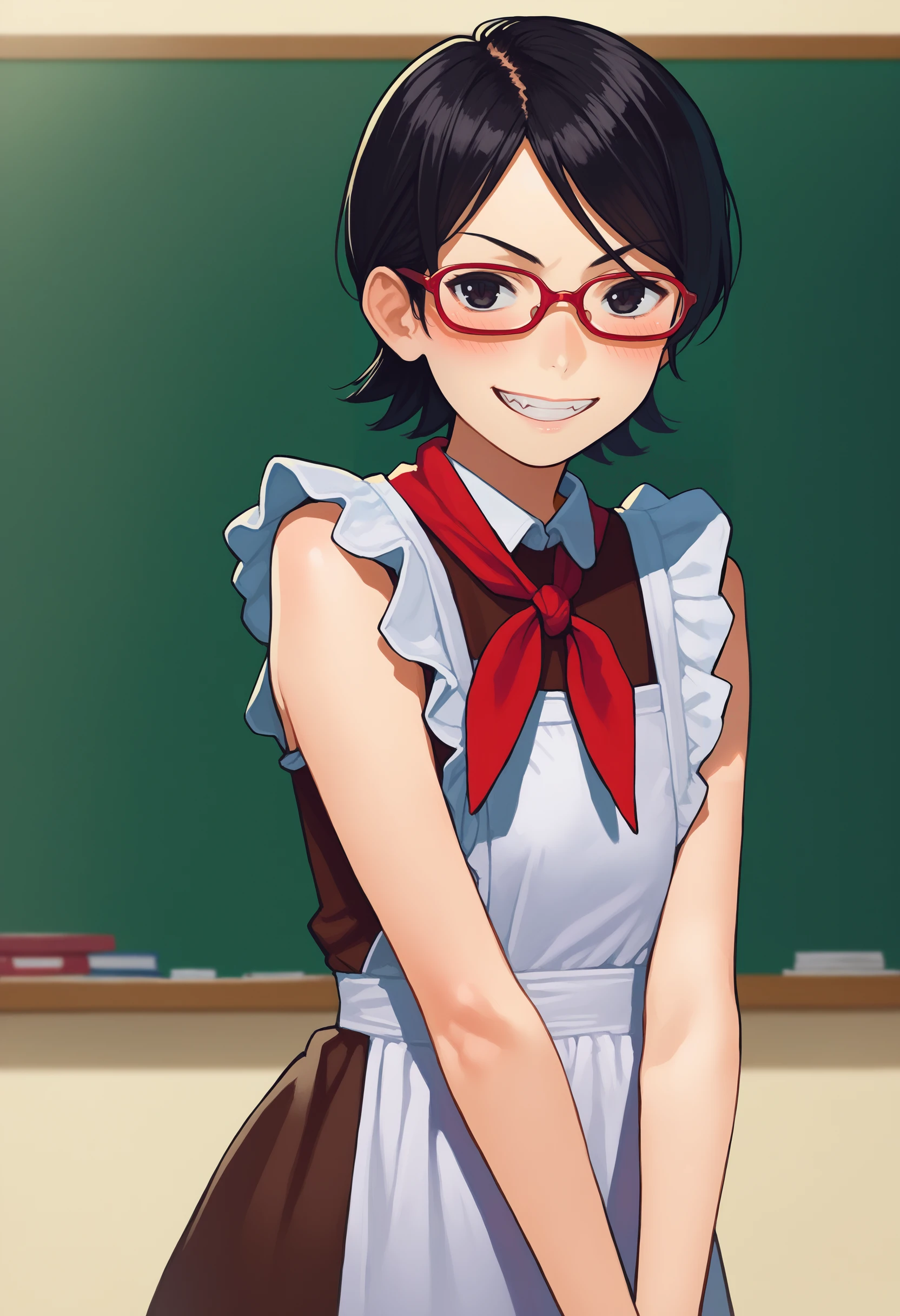 score_9, score_8_up,score_7_up, score_6_up,source_anime, BREAK yom style, by yomu, solo, Soviet schoolgirl uniform, frilled apron, frilled hair scrunchie, red neckerchief, smile, school blackboard,  <lora:Soviet_Schoolgirl_Uniform:0.8>
uchiha sarada, bare shoulders, black eyes, black hair, blush, red framed glasses, short hair, <lora:Uchiha_Sarada_pony:0.8>
(evil grin:1.3)