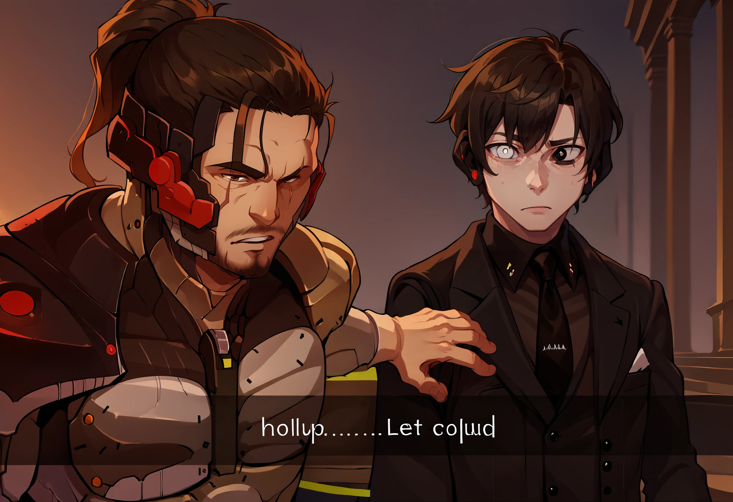 score_9, score_8_up, score_7_up, source_anime, 2boys, IncrsCook, <lora:LethimcookMeme_XLPD:0.55>, english text,
BREAK <lora:JetstreamSam_XLPD:1> JetstreamSam, cyborg, bodysuit, headgear, beard,
BREAK <lora:oc_justtnp_ponyXL:1> justtnp, heterochromia, black eyes, white eyes, formal, black jacket, black vest, black necktie,