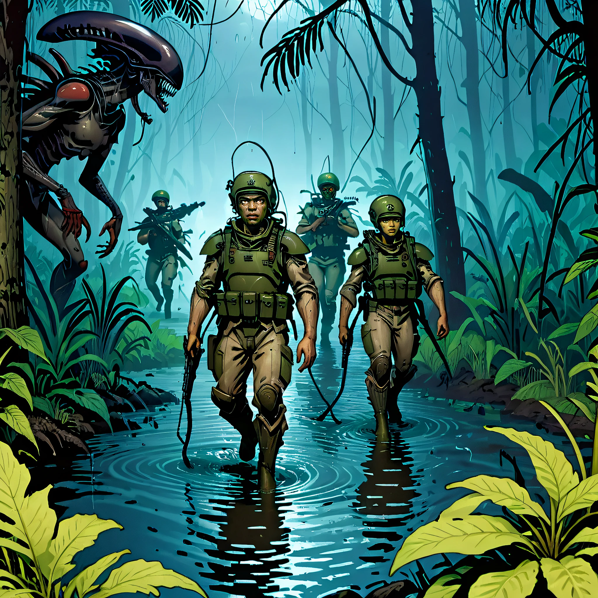 three human soldiers wading through a swampy jungle, military uniforms, army helmets, m16_rifles, torchlight, rain, mist, trees, xenomorph, monster,