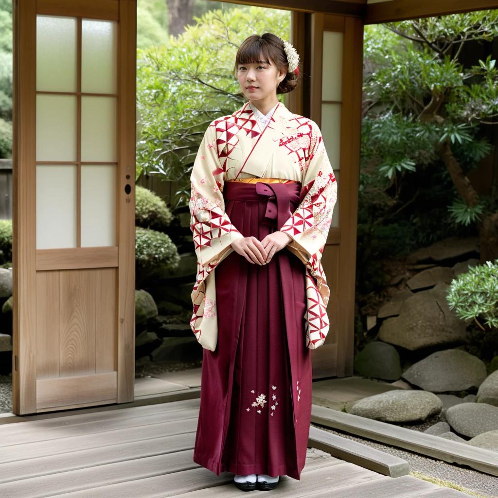 Generate a realistic image of a young girl dressed in Taisho-era clothing, specifically wearing a Hakama rental. Capture the elegance and historical accuracy of the outfit, highlighting the unique design and patterns characteristic of the period. The scene should reflect a serene and culturally rich setting, possibly with traditional Japanese elements in the background like sliding doors or a tranquil garden. Focus on the details of the Hakama, from its flowing fabric to the intricate accessories, showcasing the beauty and grace of traditional Japanese attire,full body, <lora:hakama:0.85>