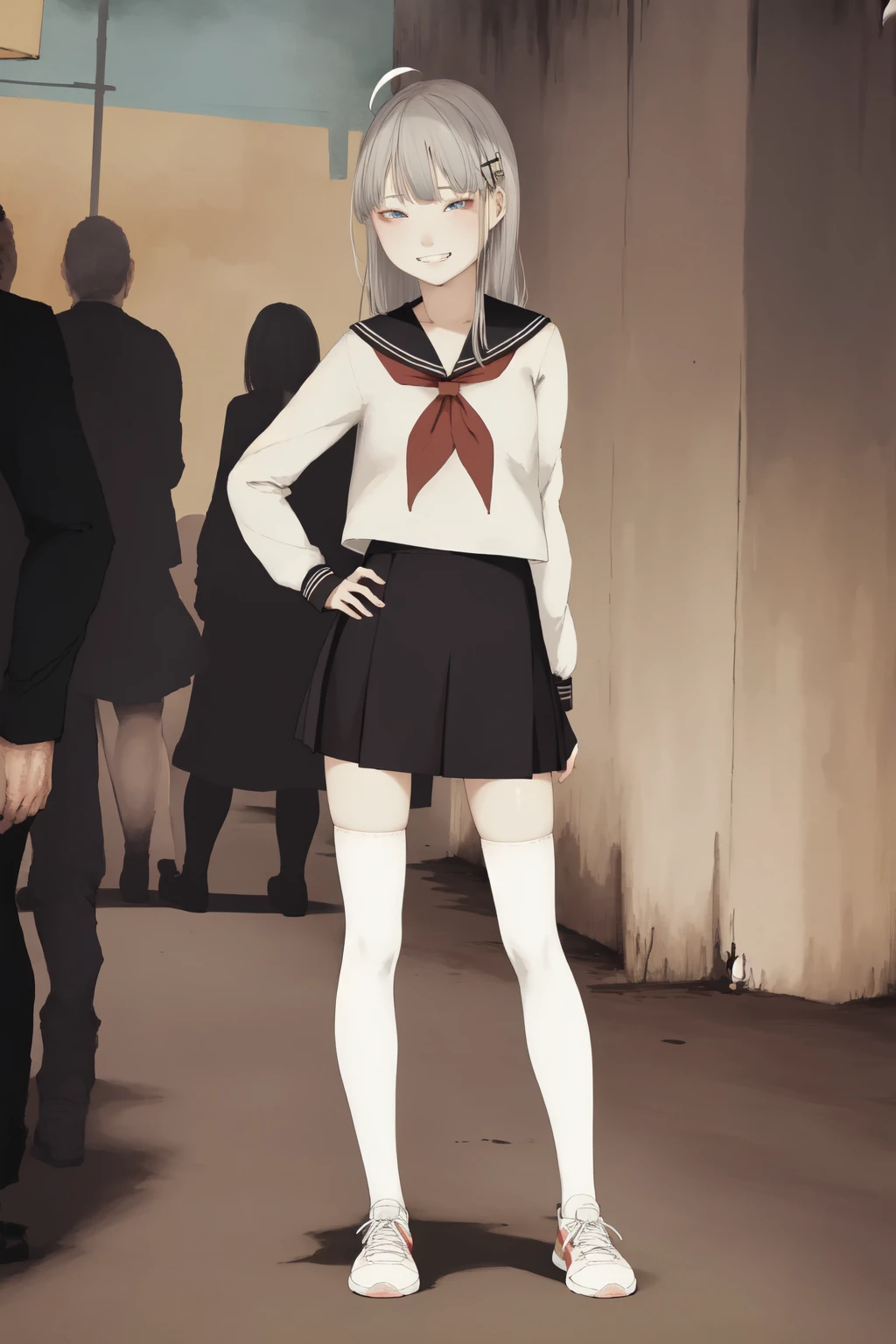 (absurdres, masterpiece, best quality),
1girl, grin, blue eyes, grey hair, hair ornament, long hair, ahoge, forehead, flat chest
BREAK black serafuku, black skirt, black shirt, black thighhighs BREAK (white neckerchief:1.2), red sneakers, hands on own hips
BREAK contrapposto, full body, wide shot, detailed background, tokyo, city, bustling street
