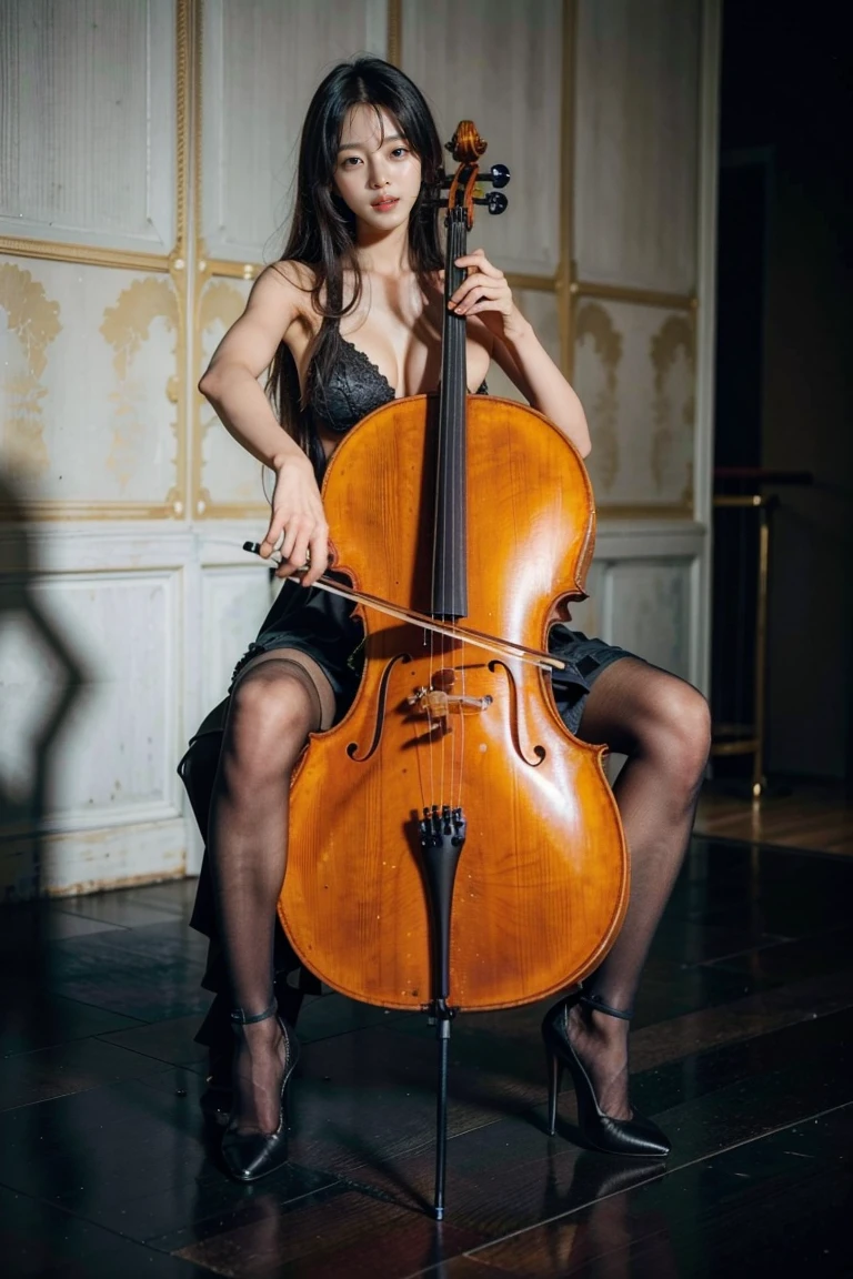 1girl, playing cello, cello,bow \(music\),
(pantyhose, high-heels, long and slender and beautiful legs), black hair, sitting, outdoor, bare arms, bikini, bra,
__str2__, __str1__, masterpiece, best quality,8k