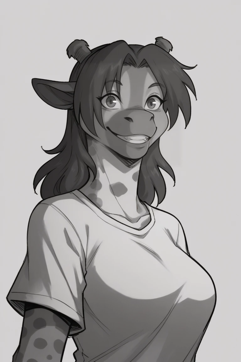 score_9, score_8_up, score_7_up, BREAK, 1girl, solo, large breasts,  <lora:puzzlekadath-guy-PONYv1:1>, puzzlekadath, furry, furry female, animal ears, snout, dark skin, upper body, portrait, sketch, shirt, monochrome, greyscale, looking at viewer, smile, teeth,