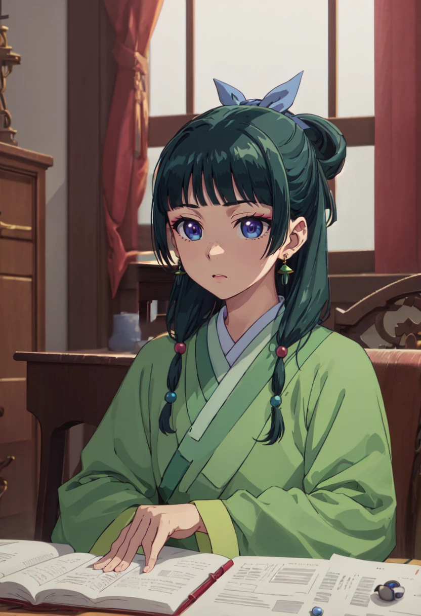 best quality, masterpiece, highres, solo, (maomao_theapothecarydiaries:1.10), 1girl, hair beads, hanfu, long sleeves, closed mouth, indoors, upper body, table, multi-tied hair, anime_style, 2 <lora:maomao_theapothecarydiaries:0.80>