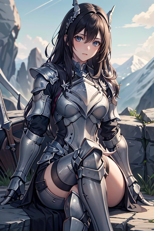 <lora:HXarmour_026:0.7>,mountain,Crossed legs,, hxarmour,1girl,(dark blue armour:1.3),, ultra-detailed,extremely delicate and beautiful,(by exquisite colors block),masterpiece,best quality,unreal engine 5 rendering,movie light,movie lens,movie special effects,detailed details,HDR,UHD,8K,CG wallpaper,