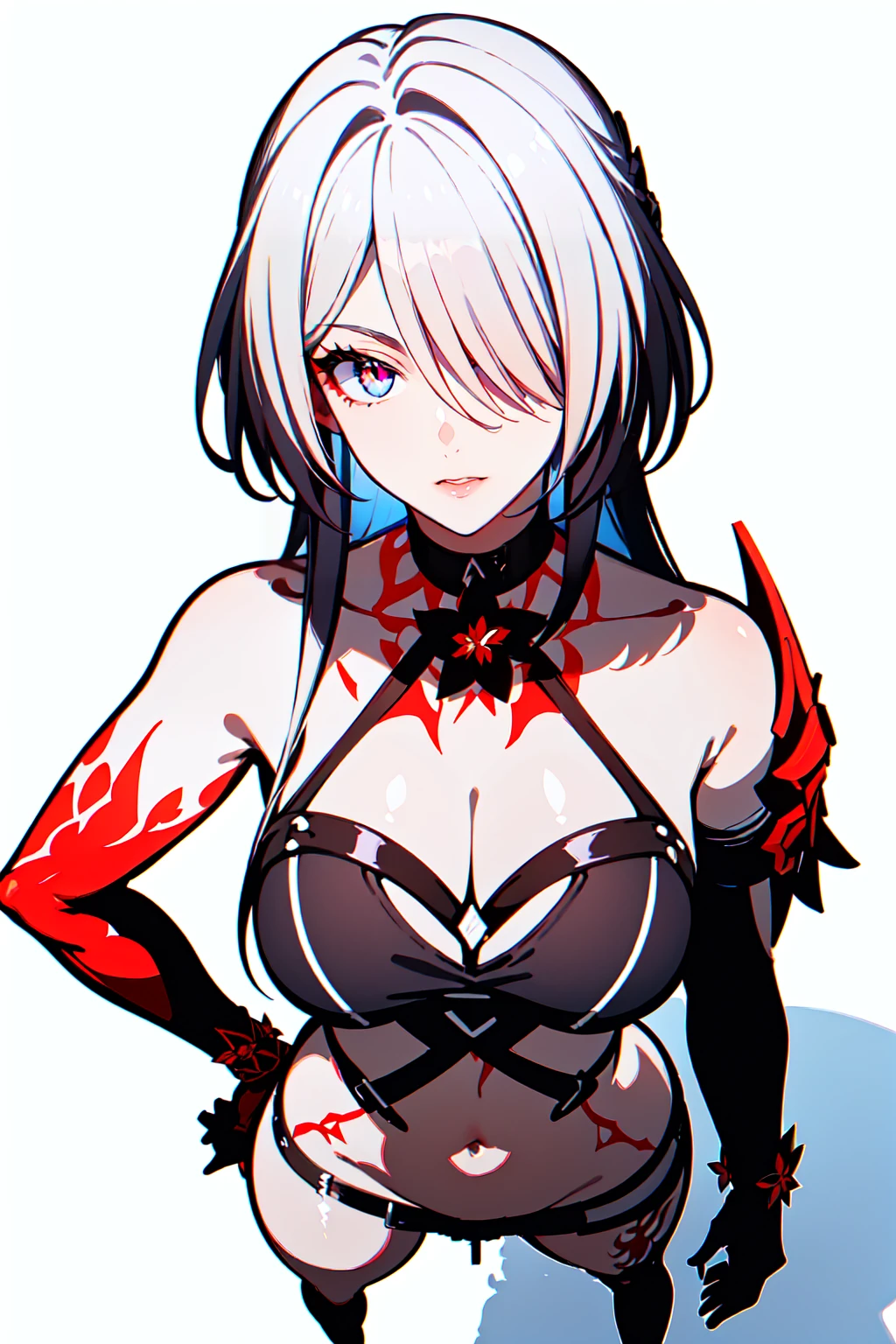 1girl,asymmetrical hair,bare shoulders,black eyes,black gloves,black hair,black leotard,black thighhighs,breasts,bubble,coat,detached collar,fur-trimmed coat,fur trim,glint,gloves,groin,hair between eyes,hip focus,lace trim,large breasts,leotard,lingerie,looking at viewer,multicolored hair,off shoulder,parted lips,red eyes,short hair,solo,symbol-shaped pupils,thighhighs,thighs,two-tone hair,underwear,white hair,x-shaped pupils