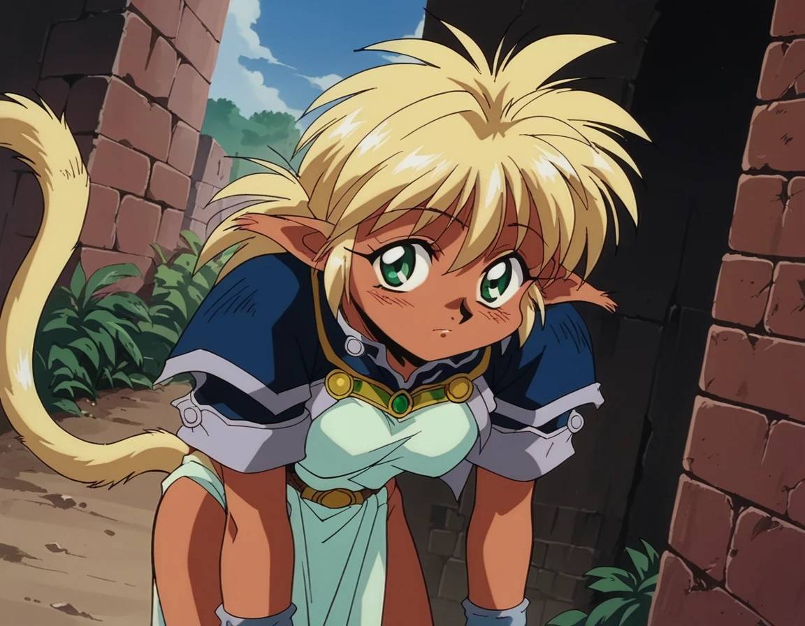 refam, fam, blonde hair, (green eyes:1.5), pointy ears, dark skin, dark-skinned female, elf, long pointy ears, (retro artstyle:1.5), (1990s \(style\):1.5), BREAK tail, short sleeves, wristband, pelvic curtain, BREAK looking at viewer, BREAK outdoors, BREAK (masterpiece:1.2), best quality, high resolution, unity 8k wallpaper, (illustration:0.8), (beautiful detailed eyes:1.6), extremely detailed face, perfect lighting, extremely detailed CG, (perfect hands, perfect anatomy),