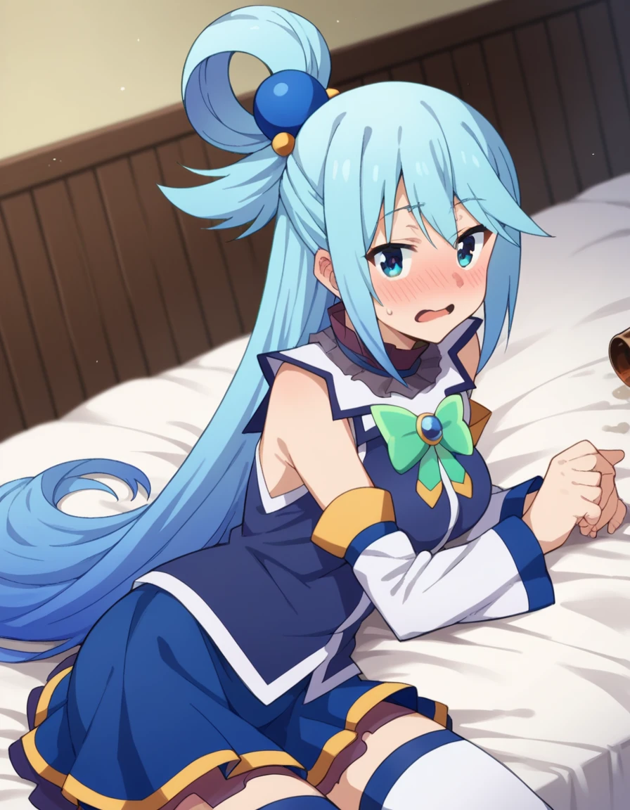 score_9, score_8_up, score_7_up, source_anime,
konosubaaqua, <lora:konosuba-aqua-s2-ponyxl-lora-nochekaiser:1>,
aqua \(konosuba\), long hair, blue eyes, hair ornament, very long hair, blue hair, hair rings, single hair ring, hair bobbles,
skirt, shirt, thighhighs, bare shoulders, detached sleeves, white thighhighs, blue skirt, blue shirt, green bow,
indoors, bed, bed room, on side, blush, drunk,
looking at viewer, cowboy shot, dutch angle,