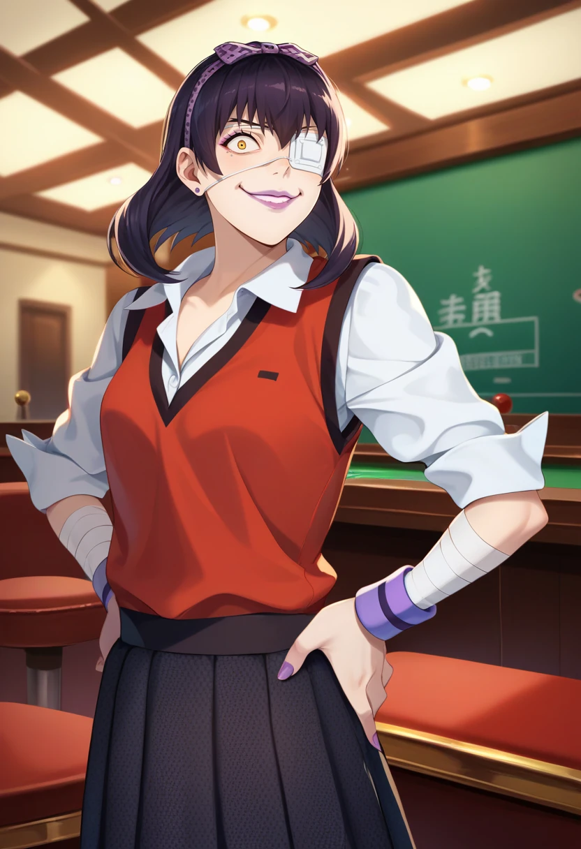 score_9, score_8_up, score_7_up, source_anime, solo, 1girl, ikishima midari, lipstick, purple lips, crazy smile, closed mouth, looking at viewer, standing, hands on own hips,  hair bow, hairband, medical eyepatch, school uniform, white shirt, sleeves rolled up, red vest, black skirt, piercing, bandages, bandaged arm, wristband, indoors, casino <lora:kakegurui_ikishima_ponyXL:1>