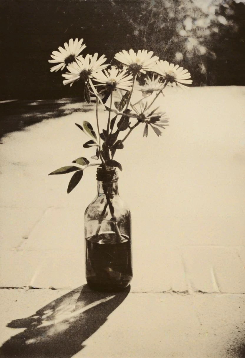 instagram photo,a bottle with a flower,  hard shadows, film grain