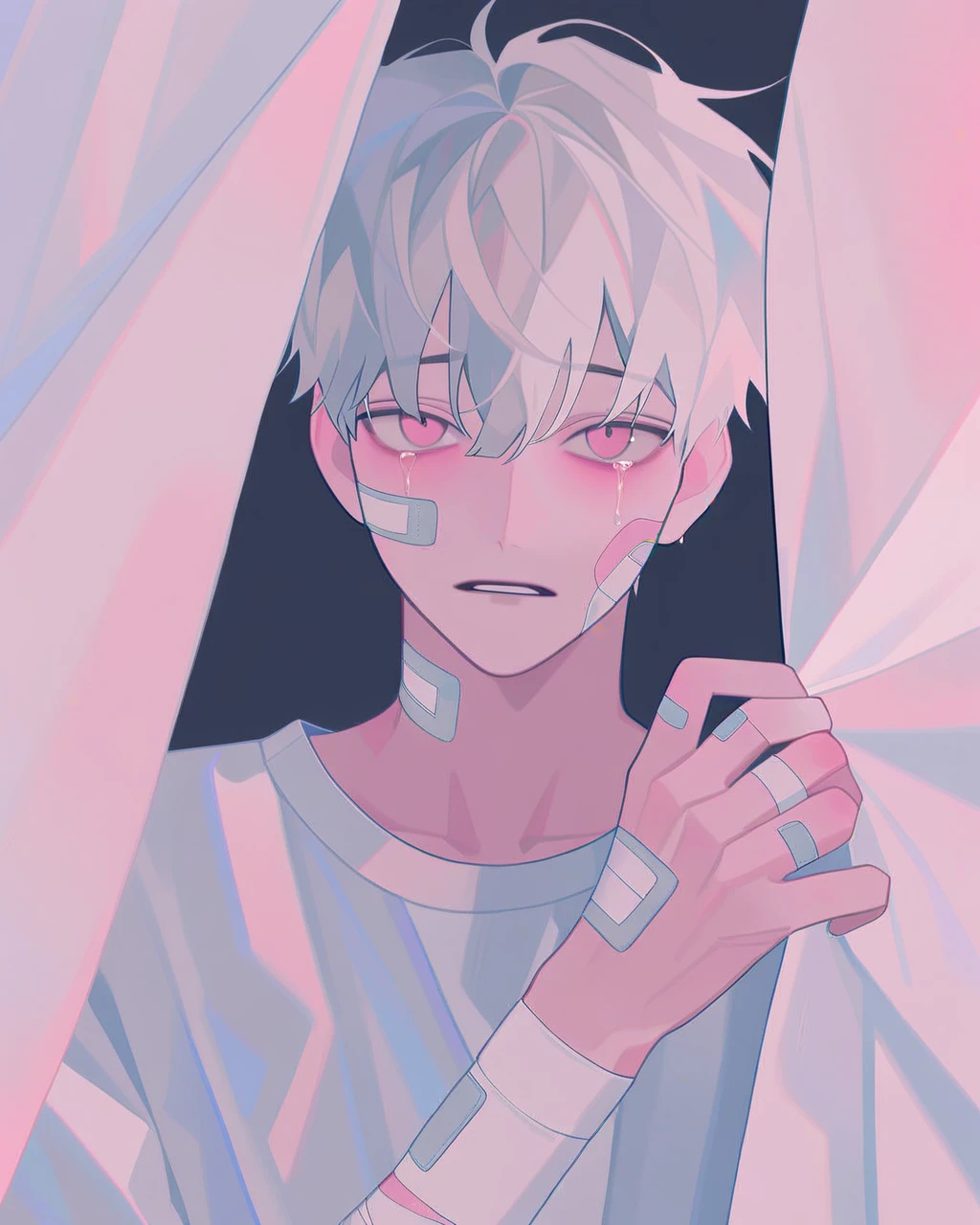lendan,bandaid,1boy,solo,male focus,looking at viewer,shirt,pink eyes,crying with eyes open,white shirt,white hair,parted lips,short hair,bandaid on face,curtain grab,bandages,curtains,bandaid on hand,<lora:Lendan-000006:0.8>,upper_body,