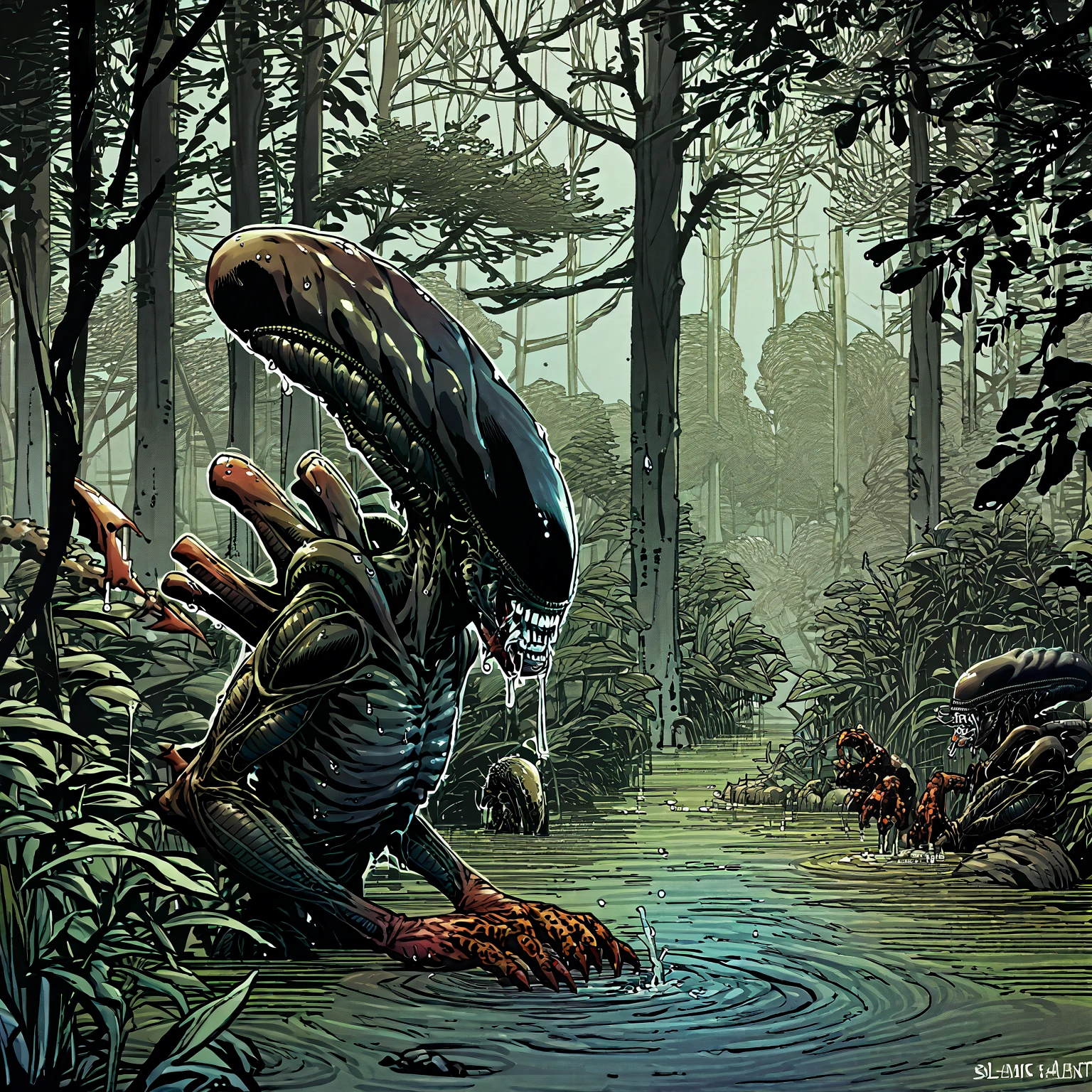 score_9, score_8_up, score_7_up, score_6_up, score_5_up, score_4_up, source_cartoon, BREAK, a xenomorph in a swamp, wet, drool, mud, trees,