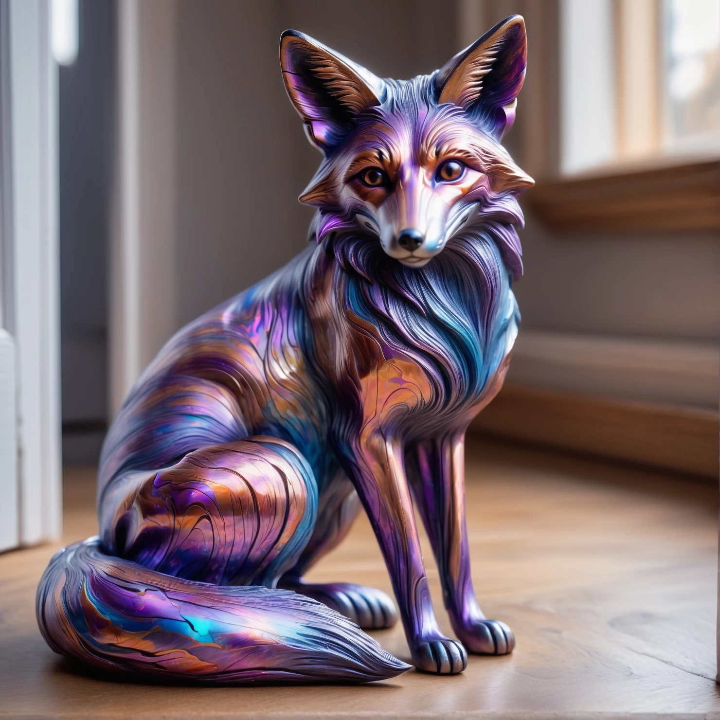 timascus style,realistic, realistic, a a fox sitting inside a house, (SimplePositiveXLv2:0.6), <lora:Timascus_merge_update:1>