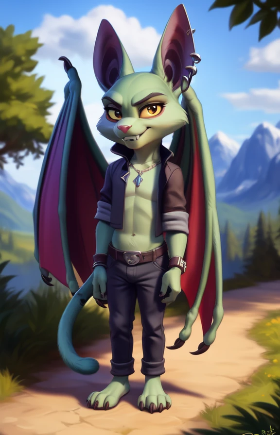 CatBatCrashTeamRumble  <lora:CatBatCrashTeamRumble:0.9>  , yellow sclera, green skin, wings, white fangs,, pants, piercings, chibi,
textured fur, [Forest, path, trees, sky clouds, mountains,] solo,  looking at viewer, to his full height,  boy male,  wristband on the tail,
[by personalami], by smitty g, [[[by Foxovh]]], [[by Ross Tran]]