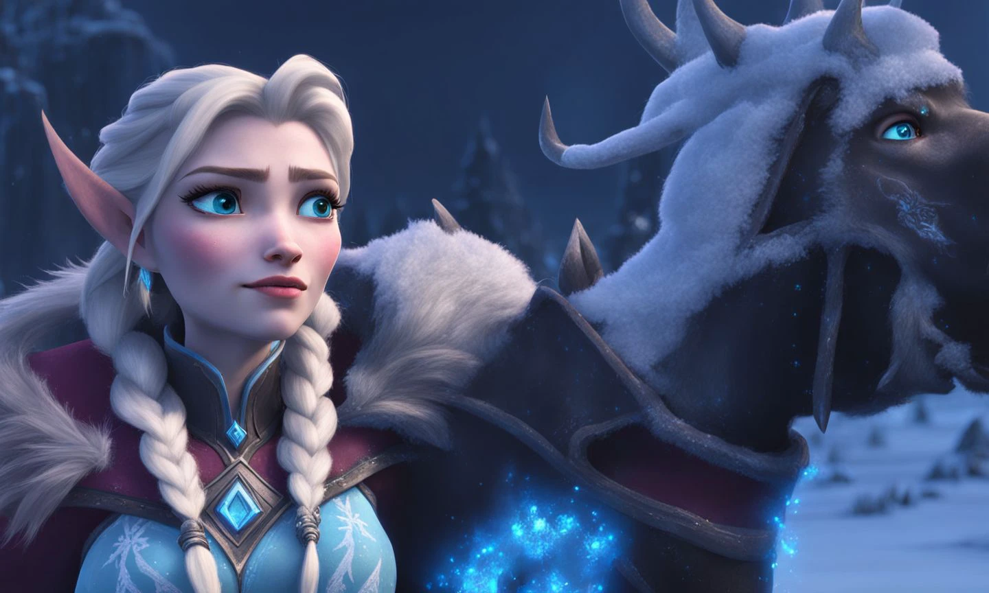 Elsa from frozen World of Warcraft cinematic style <lora:SDXL-World-of-Warcraft-cinematic-style-Lora-r32:0.8>