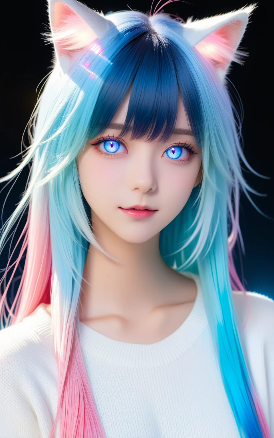 1girl, solo, cat ears, multicolored hair, ((gradient hair), white+(blue)+(pink:0.5) hair//), very long hair, messy hair, bangs, ahoge, ((gradient eyes), pink+light_blue eyes//), slit pupils, glowing eyes, 1fang,
:o,
white sweater,, masterpiece, best quality,