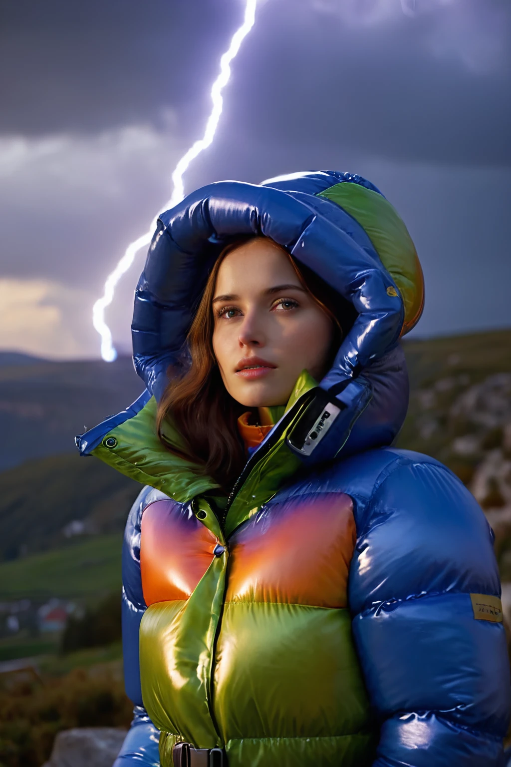 Stunning portrait of a sweet, cute, slim, long haired, young European woman. she is dressed in (shiny), colorful, completely enclosureable, (puffer down outfit:1.3) by parkasite, very high yoked. emotional, tempting, dramatic, high detail, realistic, realistic character design, inspiring, intense emotion, masterpiece, 8k, RAW photo, portrait, best quality, ultra high res, photorealistic, cinematic lightning, digital painting, storytelling, high resolution, depth of field, lens flare, <lora:Parkasite_XL:0.7>