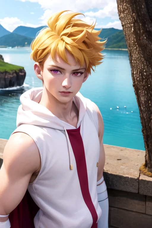 (best quality:1.1), (masterpiece:1.4), still, looking at viewer, upper body, depth of field, anime coloring, (realistic:1.4), 1boy, solo, male focus, <lora:lancelot_nnt_mny:0.84>, lancelot_nnt_mny, blonde hair, pink eyes, , superhero costume, lake, 4k resolution