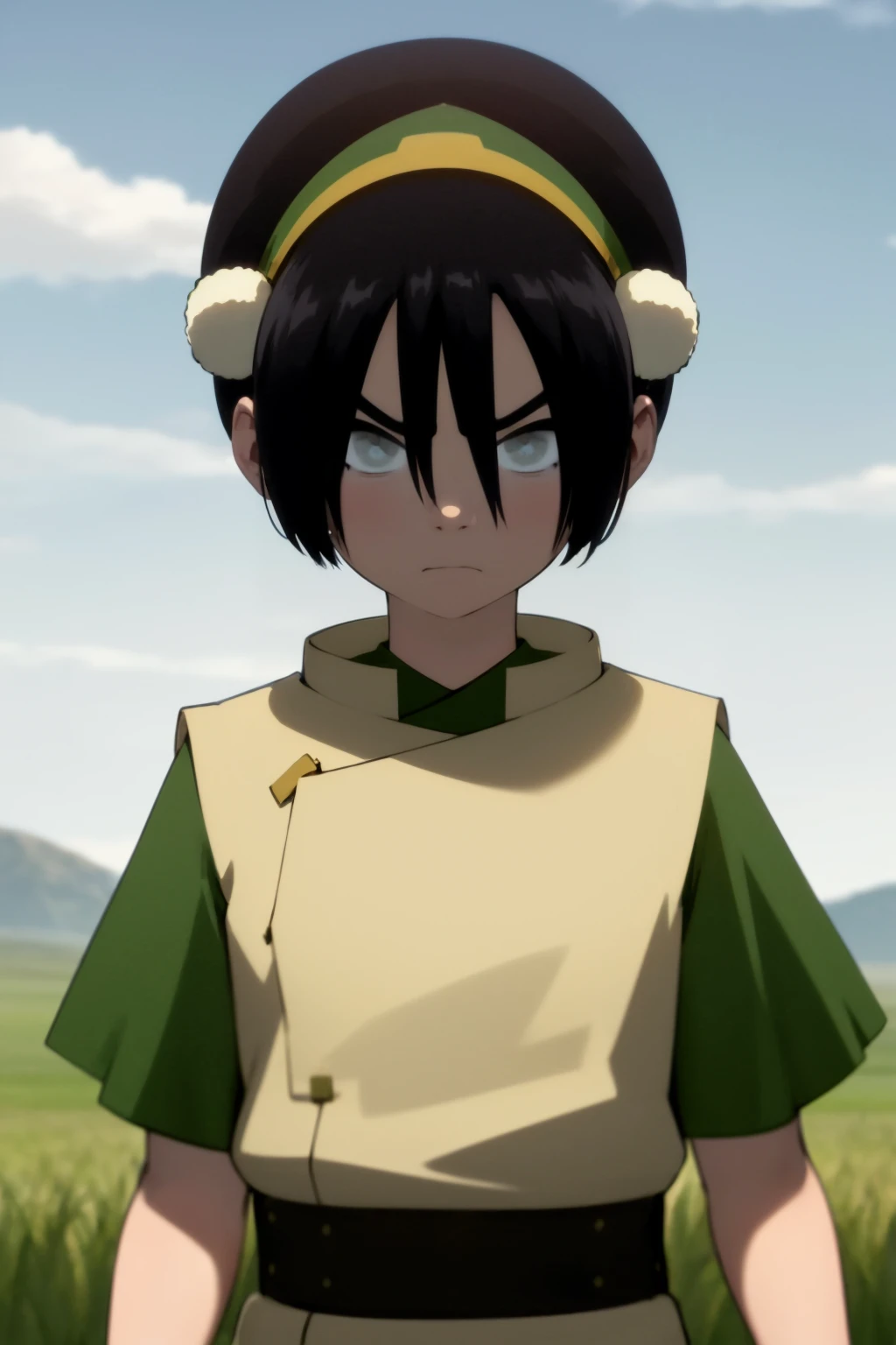 masterpiece, best quality,
1girl, toph, bangs, black hair, blind, grey eyes, hair between eyes, hair bun, hairband, short hair, short sleeves, tunic, chinese clothes,
angry, clenched hands, upper body, solo, looking at viewer, grass, blue sky, meadow background    <lora:Toph:1>