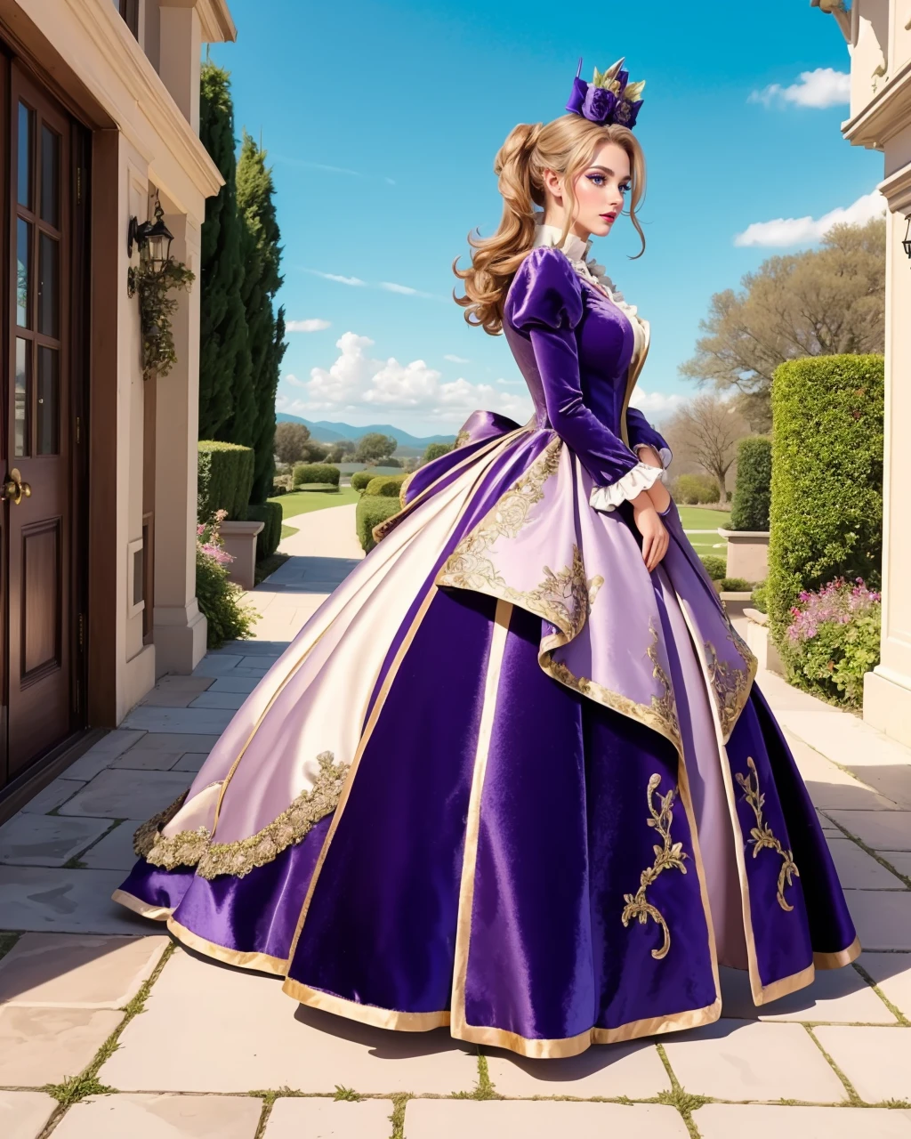 Fairy tale adult beautiful woman, solo, <lora:Outfit_soph-SurcoatAppliqueGowns:0.65>, best quality, high quality, high detail, 8k, highres, full body, dr3ss, (surcoat lapel) ((crushed velvet)) victorian fashion,  juliet sleeves, vibrant color,  (lapis lazuli) intricate ballgown, floral applique print, fascinator, high heels,  Classic Hollywood Glamour Suite, Mirrored accents, plush velvet furnishings, and a lavish dressing area, transporting you to the golden age of cinema. walking, garden, profile, eyeliner, eyeshadow, makeup, purple lips honey hair long high ponytail, [tiny crown], Plush turquoise jewelry by Stephen Webster . Magical, fantastical, enchanting, storybook style, highly detailed