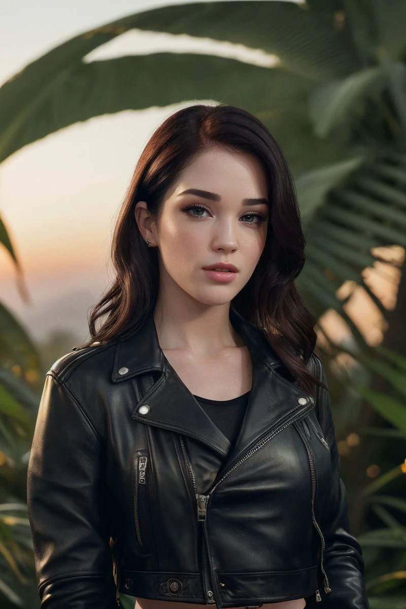 photo of S370_EvelynClaire,a stylish woman,in a (jungle:1.1),wearing a (leather-jacket:1.1),(plaid-skirt),(sunset),(4k, RAW photo, best quality, 35mm, depth of field, ultra high res:1.1),(intricate, photorealistic, cinematic-shot, masterpiece, ultra-detailed:1.1),