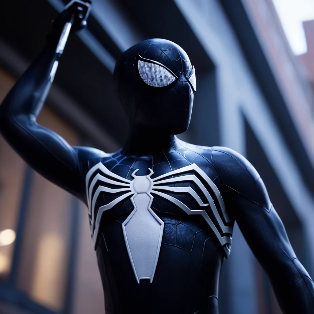 cinematic film still of  <lora:Symbiote Suit:1>
A Symbiote Suit of a spider - man is hanging from a building,Spider-Man Symbiote Suit,solo,1boy,male focus,blurry,bodysuit,mask,blurry background,white eyes,superhero,spider web print , realistic, realism, photorealism, hyperrealism, hyperrealistic, realistic, sharp, detailed, cinematography style, film light style, movie still,  professional photography, artistic, perfection, contrast, cinematic, filmic, high quality photo,  8k quality, colorful, dark shadow, shallow depth of field, vignette, highly detailed, high budget, bokeh, cinemascope, moody, epic, gorgeous, film grain, grainy