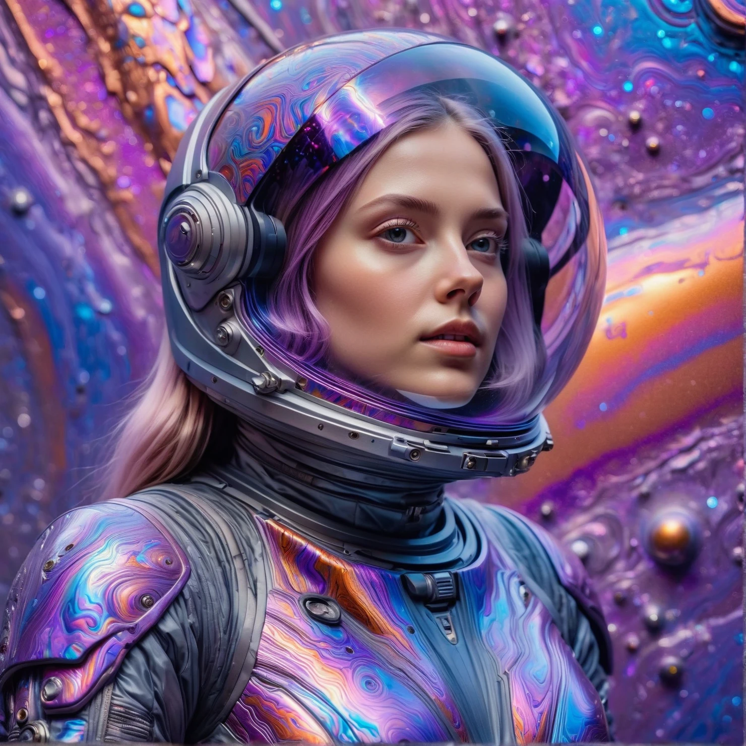 timascus style, realistic, realistic, a young woman in a spacesuit posing on timascus background,(SimplePositiveXLv2:0.6), <lora:Timascus_merge_update:1>