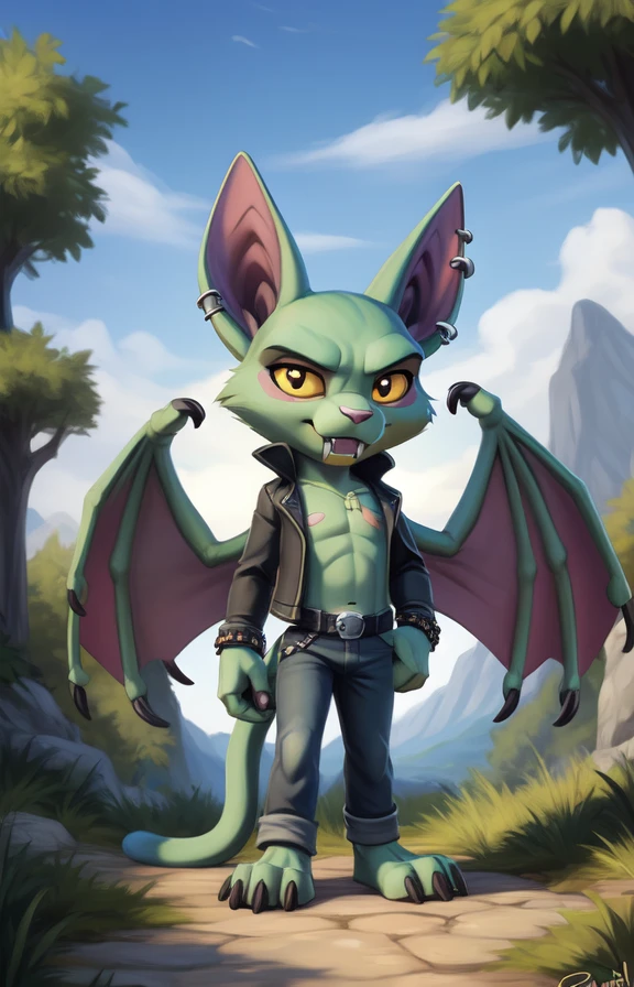 CatBatCrashTeamRumbleRoc  <lora:CatBatCrashTeamRumbleRoc:0.9>  jacket , yellow sclera, green skin, wings, white fangs,, pants, piercings, chibi,
textured fur, [Forest, path, trees, sky clouds, mountains,] solo,  looking at viewer, to his full height,  boy male,  wristband on the tail,
[by personalami], by smitty g, [[[by Foxovh]]], [[by Ross Tran]]