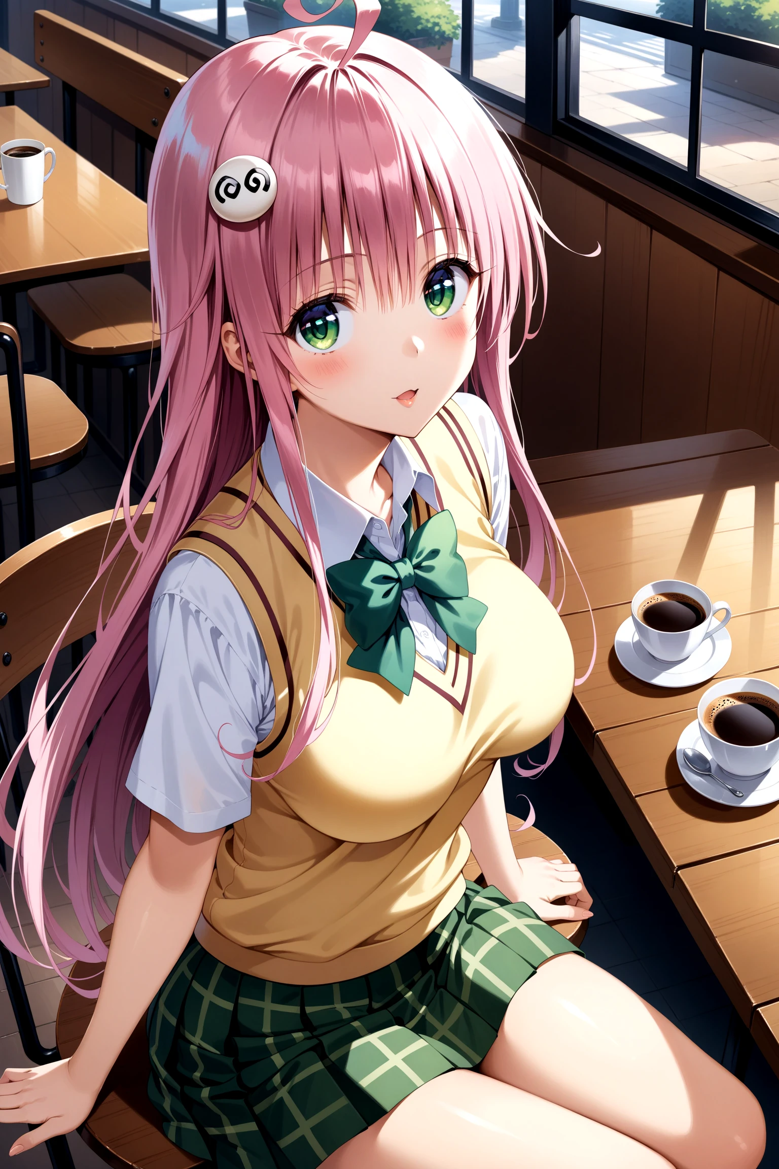 aalala, long hair, ahoge, hair ornament, green eyes, breasts, school uniform, green bowtie, collared shirt, white shirt, sweater vest, yellow vest, short sleeves, plaid skirt, green skirt, <lora:lala_satalin_deviluke_xl(animagine)_v1:0.9>, sitting, cafe, table, coffee, :o, indoors
(masterpiece, best quality, very aesthetic, ultra detailed), intricate details, 4k,