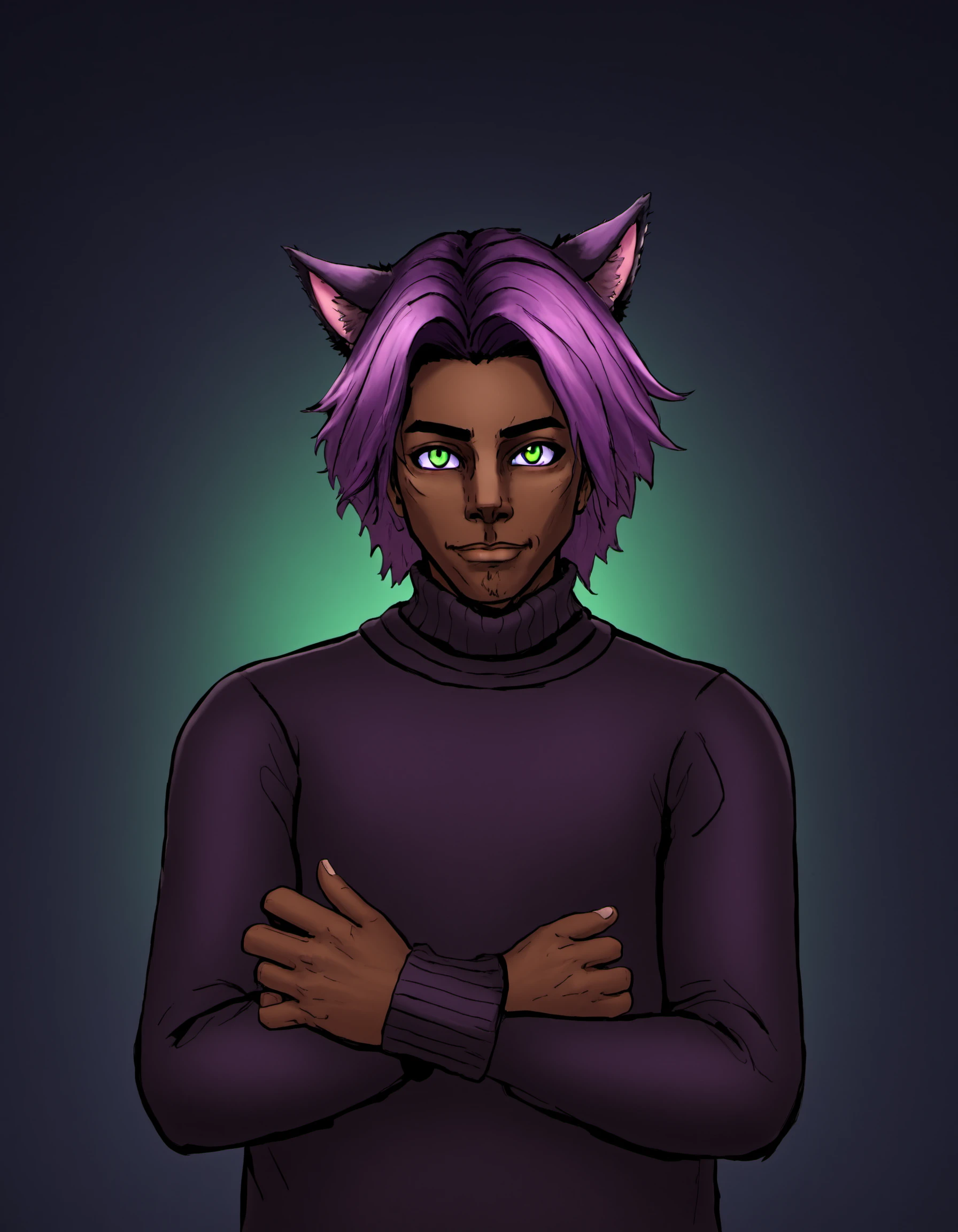 dskflatz , 1boy, mature male, poltergeist vibes, ahoge, animal ears, cat ears, dark-skinned male, dark skin, green hair, purple hair, gradient hair, two tone hair, hair between eyes, long sleeves, looking at viewer, male focus, purple eyes, turtleneck, sleeves past wrists, solo, outdoors, cinematic lighting, neon rim lighting, side lighting, rembrandt lighting, studio lighting, cinematic angle, masterpiece, official art, best quality, cinematic angle, dreamlike, <lora:DskArt_SDXL_V3:1>