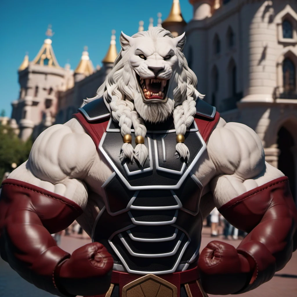 cinematic photo an anthromomorphic muscular lyon at disneywolrd <lora:BattleBeast1024:0.8> . 35mm photograph, film, bokeh, professional, 4k, highly detailed