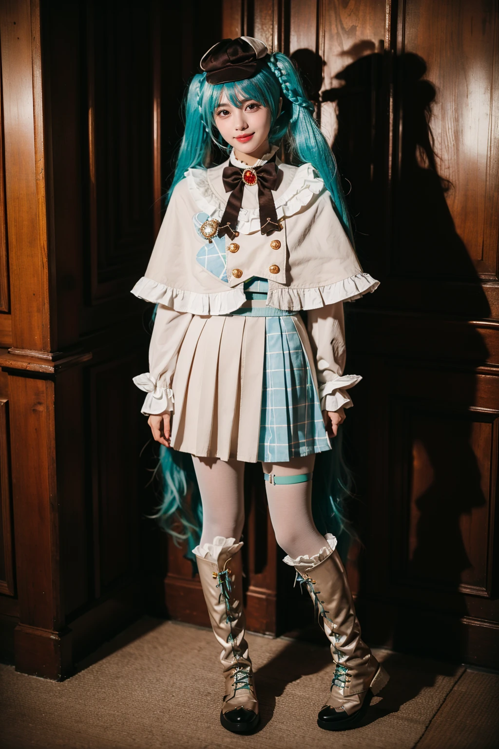 best quality, masterpiece, realistic, photorealistic, 1girl, solo, looking at viewer, smile, standing, full body, arms at side, hatsune miku cosplay costume, hatsune miku, cosplay, aqua hair, twintails, very long hair, braid, capelet, long sleeves, skirt, pleated skirt, plaid, frills, bowtie, bow, hat, jewelry, brooch, thigh strap, pantyhose, white pantyhose, white boots, library, book, <lora:miku_cosplay_detective_v1:0.7>