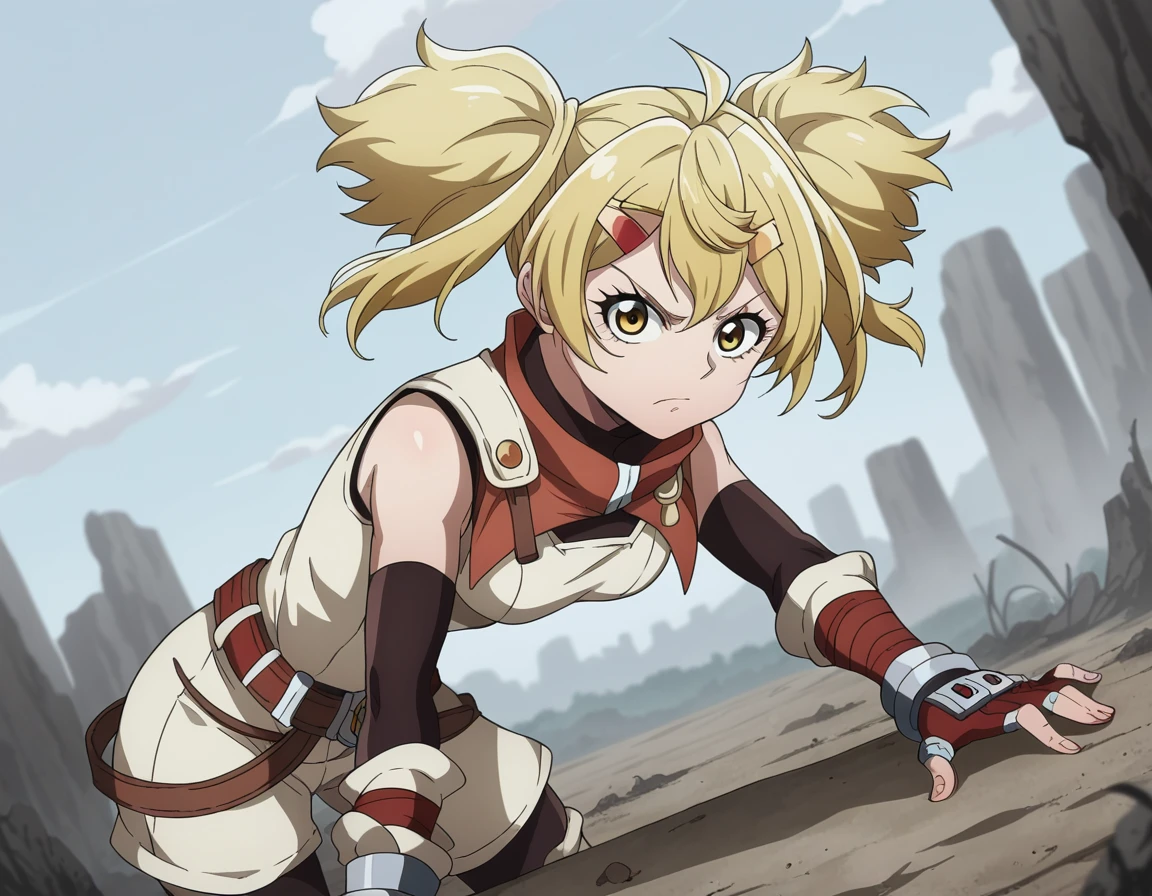 score_9, score_8_up, score_7_up, source_anime,
oikatzo, <lora:oikatzo-s1-ponyxl-lora-nochekaiser:1>,
oikatzo, blonde hair, hair ornament, twintails, yellow eyes, hairclip, short twintails,
gloves, belt, fingerless gloves, red gloves,
outdoors, wasteland, bent over,
looking at viewer, dutch angle, cowboy shot,