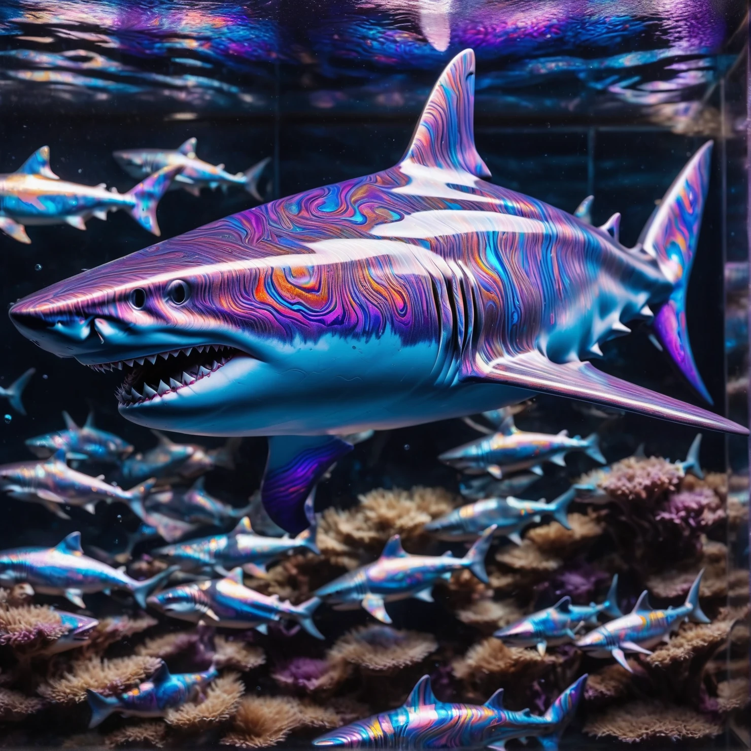 timascus style, realistic, a shark swimming in an aquarium with many timascus fish,from far away,(SimplePositiveXLv2:0.6), <lora:Timascus_merge_update:1>